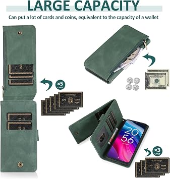 Asuwish Compatible with TCL 505 / T509K / T5094 Wallet Case Tempered Glass Screen Protector Zipper Wrist Strap Retro Leather Flip Cover Card Holder Stand Cell Accessories for TCL505 Women Men Green