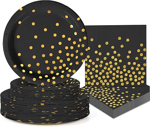 Platos de papel y servilletas de oro negro para fiestas, platos desechables de 50 x 9 pulgadas, platos de postre de 50 x 7 y servilletas de 50 x 6.5