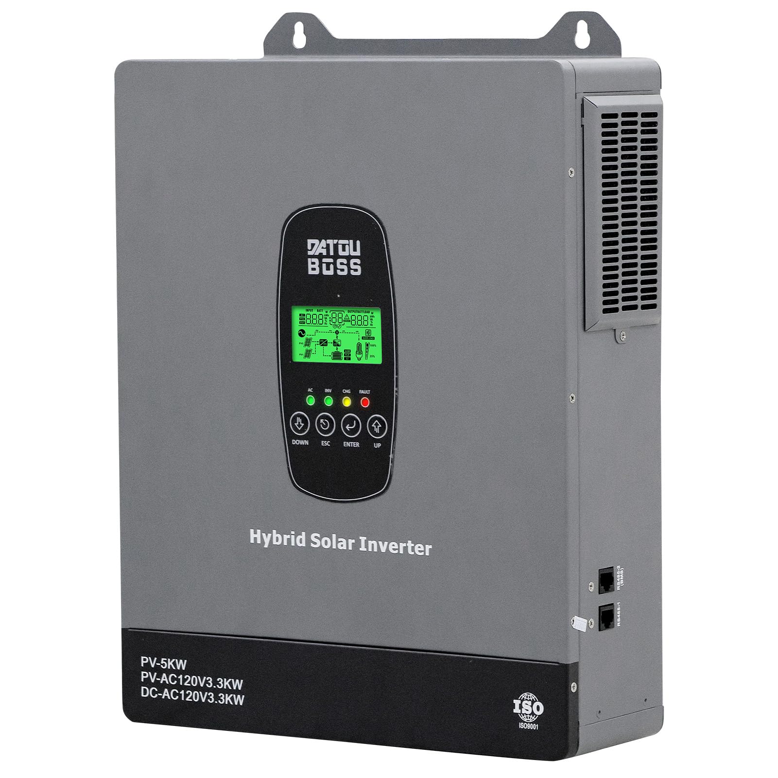 DATOUBOSS 24V 3300W Hybrid Solar Inverter with dimensions and features