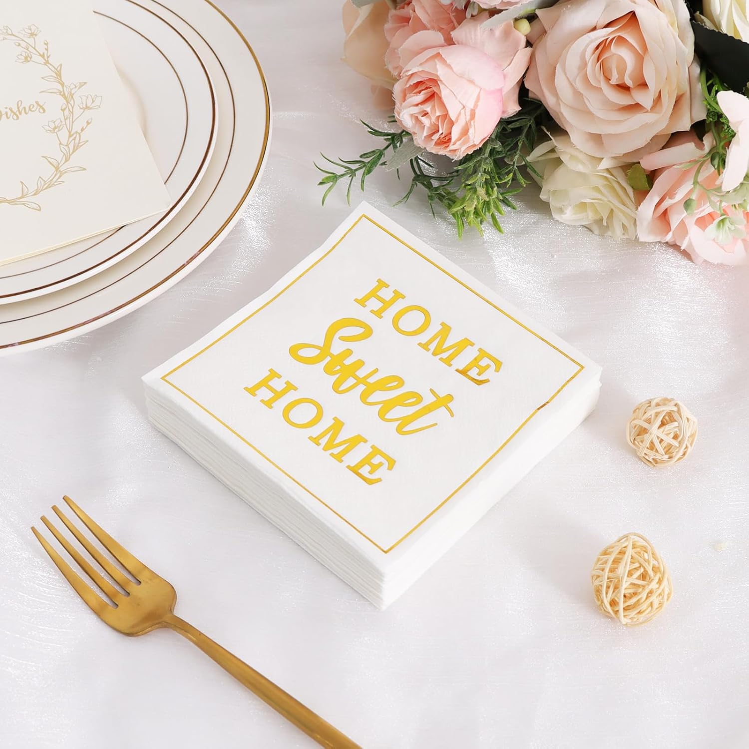 Vuzvuv 50 Pack Housewarming Party Decorations Cocktail Napkins - Home Sweet Home Disposable Paper Hand Napkins for Gatherings Party Supplies Table Decor (5" Folded 2 Ply -Gold Foil White)