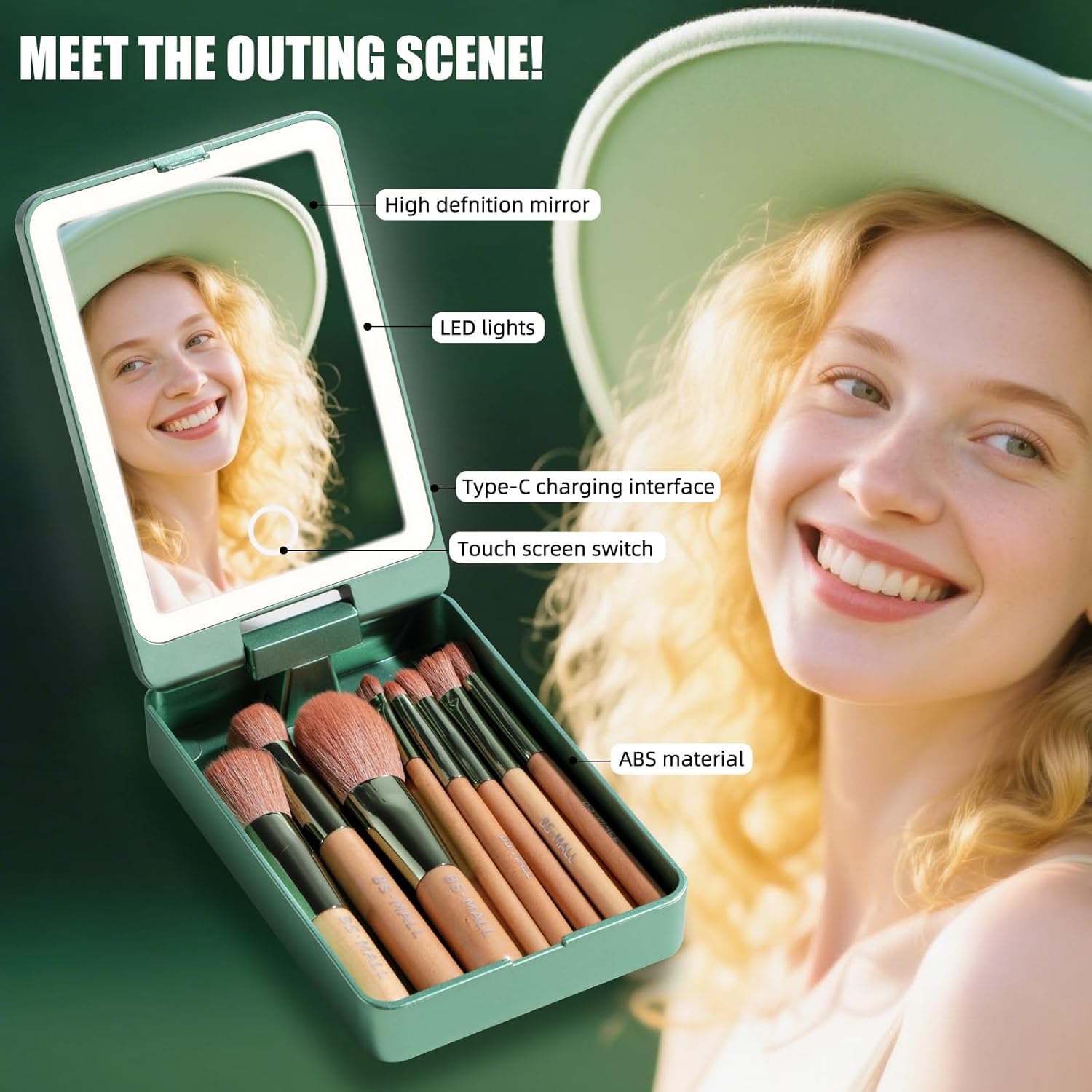 BS-MALL Travel Makeup Brush Set – 14 Pcs Foundation Powder Concealers Eye Shadows with LED Light Mirror, Green - Image 5