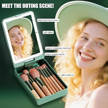 BS-MALL 14Pcs Travel Makeup Brush Set, Foundation/Concealer/Eye,LED Mirror (D-Green)