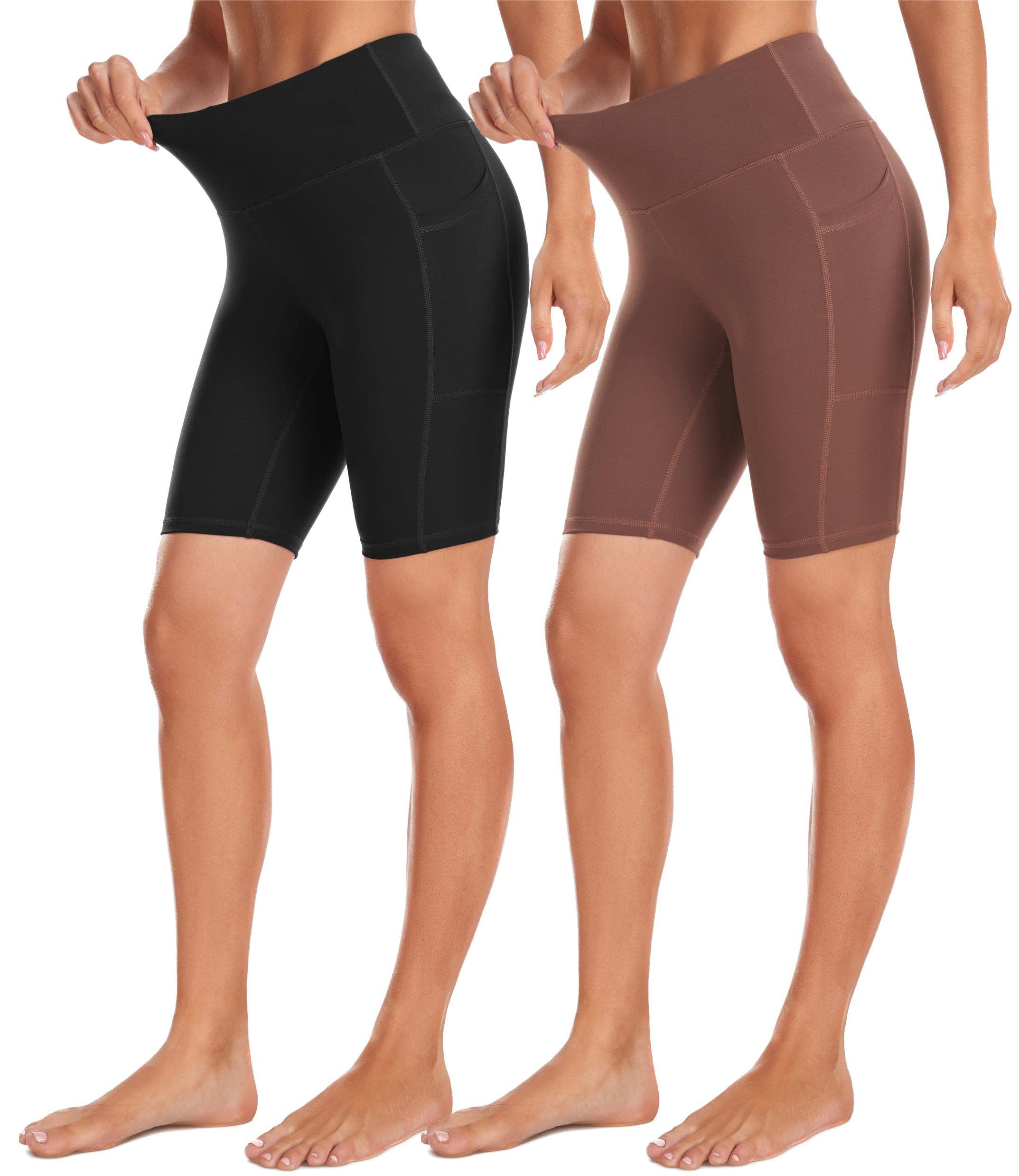 IBL Womens Buttery Soft Leggings with Pockets 27", High Waisted Compression Workout Lounging Yoga Pants 8" Shorts Medium Black/Coffee