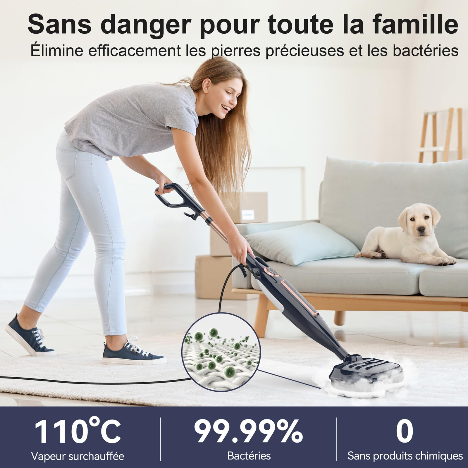 Nettoyeur Vapeur, Balai Vapeur Nettoyeur avec Tampons Rotatifs 8 en 1, Chauffe rapide en 15 secondes, 1200W Vaporetto laveur vapeur légère/3 modes de vapeur/éclairage LED pour différents types de sols