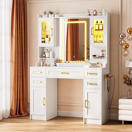 Miniatura 6 de Escritorio de tocador blanco con espejo y luces, moderno escritorio de tocador con estantes ajustables y luz LED, 6 cajones, estante para secador de
