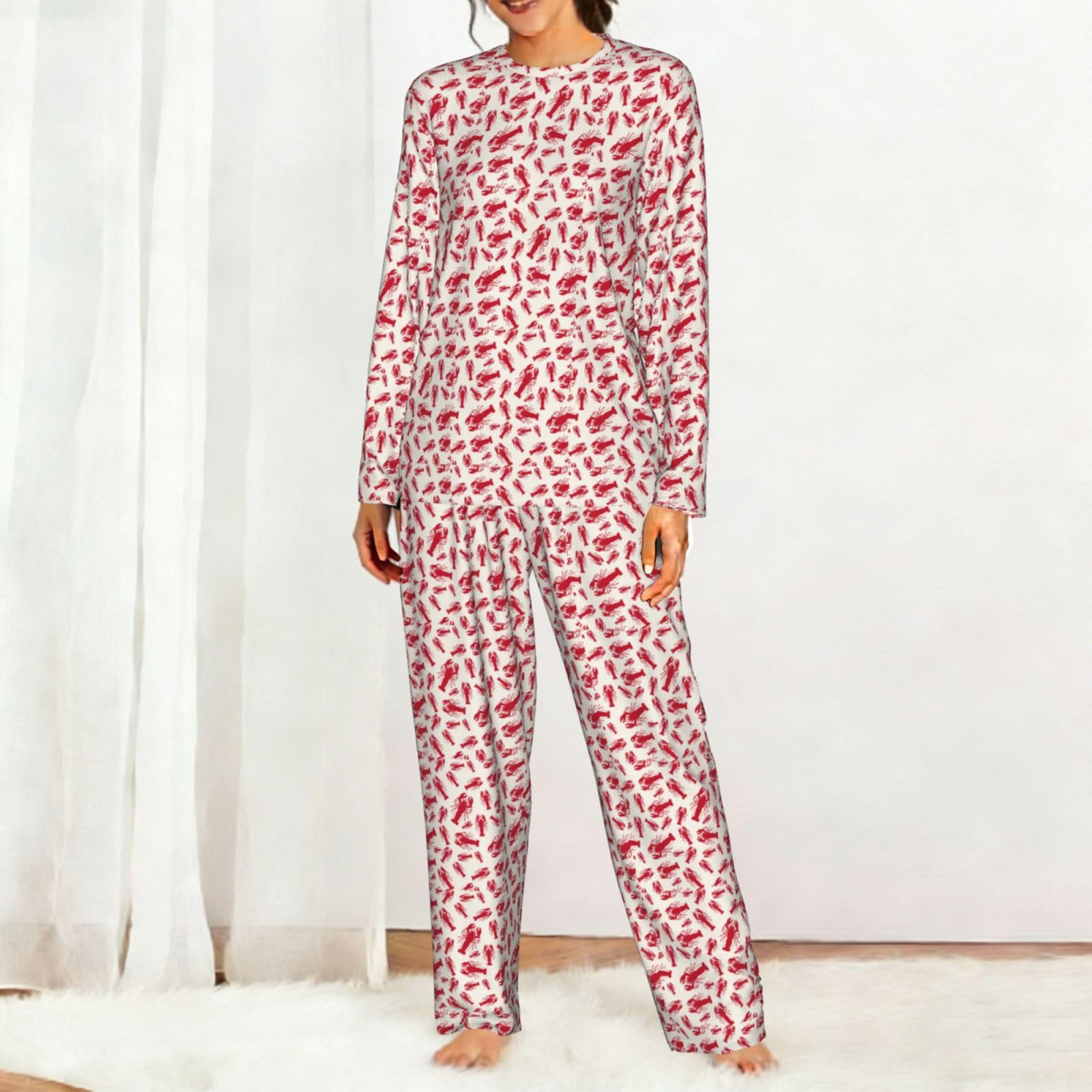 Pigiama abbinato a maniche lunghe da donna con stampa aragosta rossa morbida elastica coulisse casual Daywear