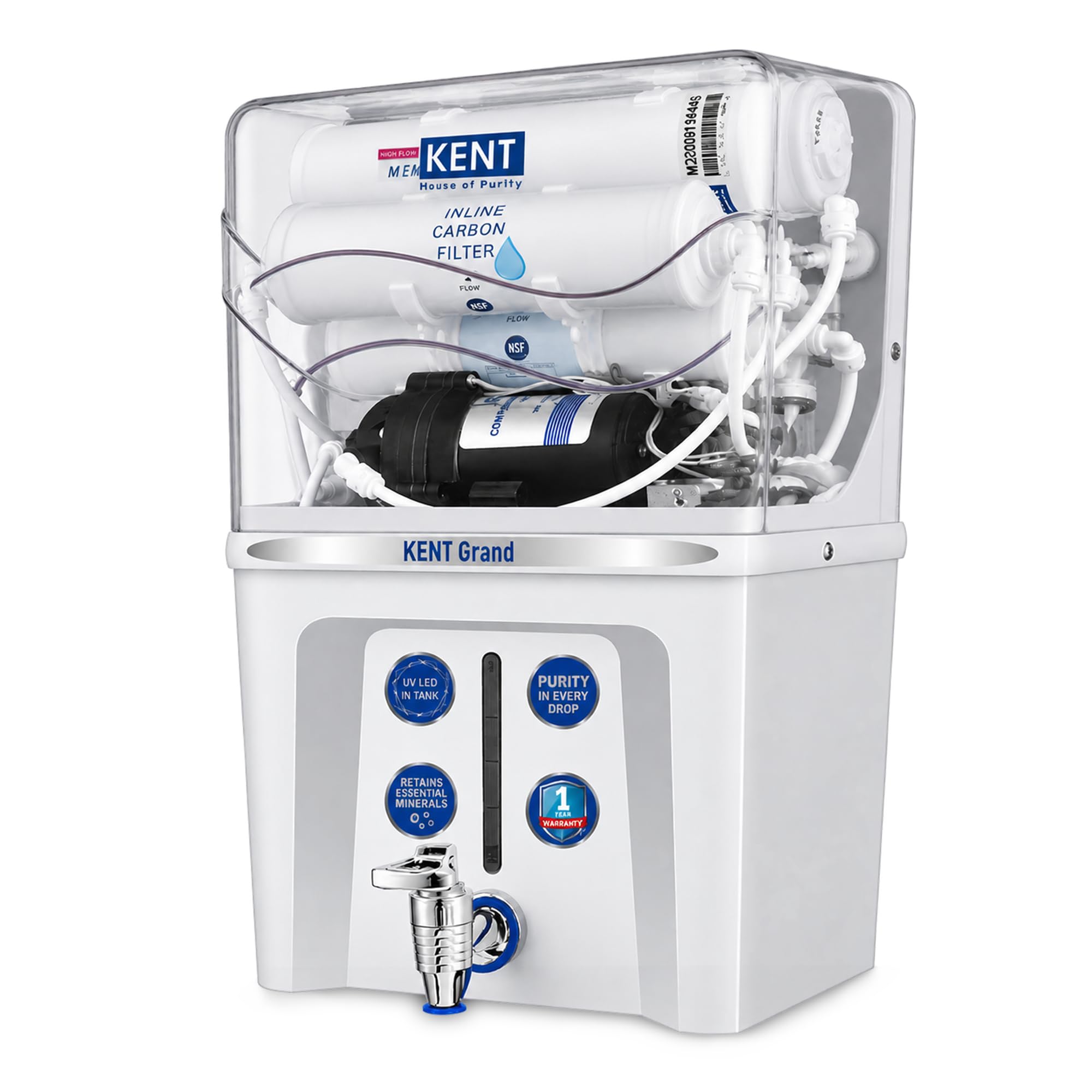KENT New Grand RO Water Purifier | Advanced RO Tech for Sabse Shudh Paani | RO+UF+TDS Control + UV LED Tank| 7.5L| 20LPH Flow|Ideal for Borewell/Tanker/Municipal Water | Largest Service Network |White
