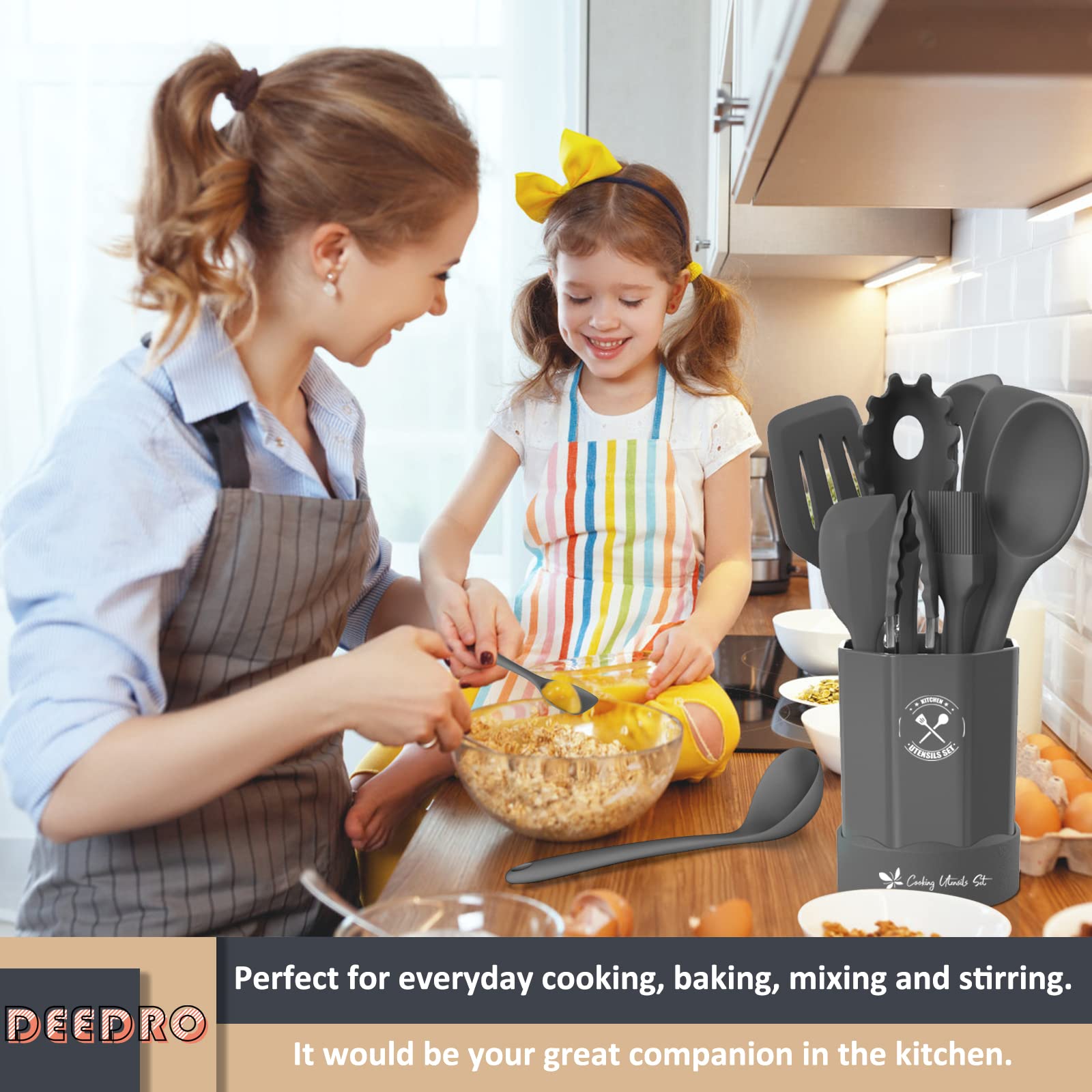 Deedro, set di utensili da cucina in silicone, 16 pezzi, resistenti al calore, con supporto, spatola antiaderente, gadget da cucina per cucinare e cuocere, grigio