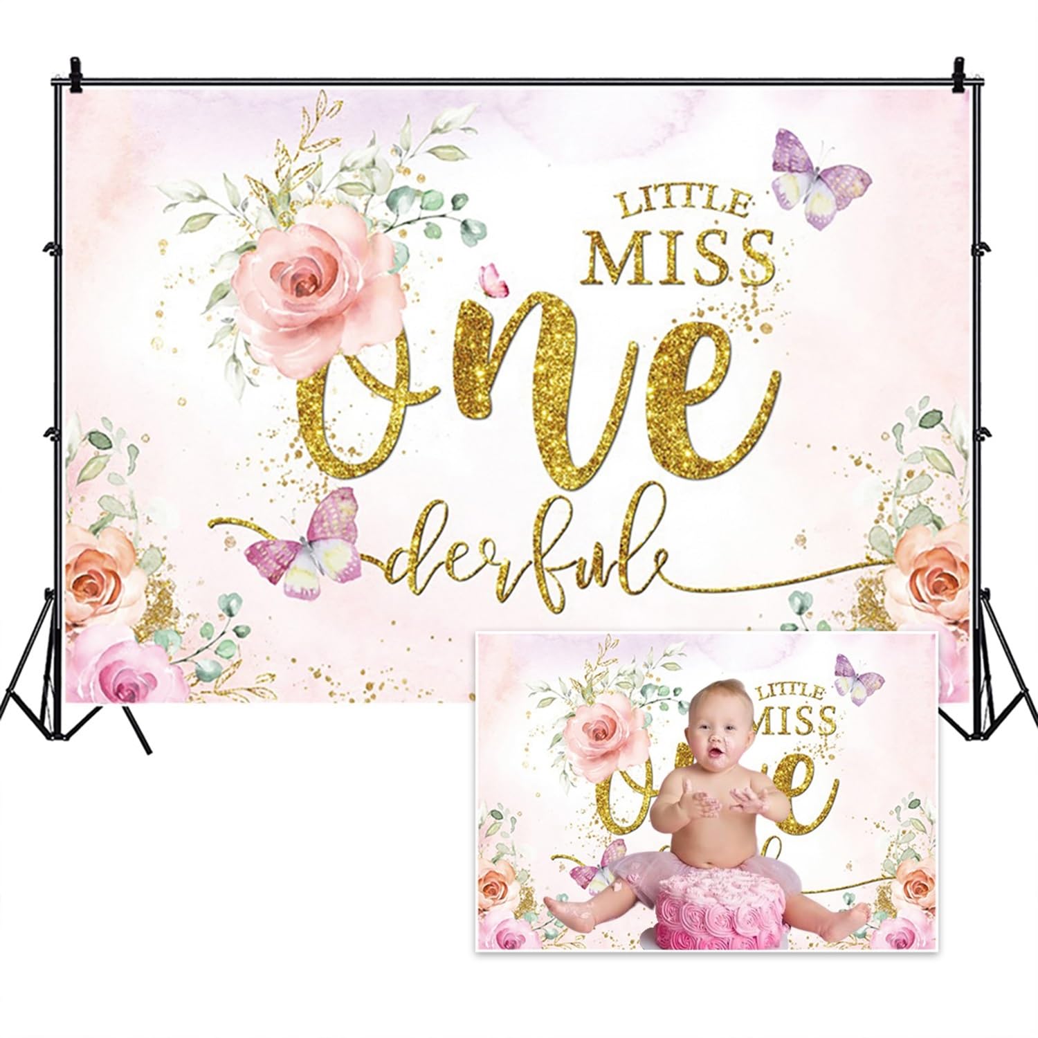 TTQYFNM 7x5ft Baby Girl 1st Birthday Backdrop Watercolor Pink Floral Butterfly Little Miss Onederful Photography Background for Girls First Birthday