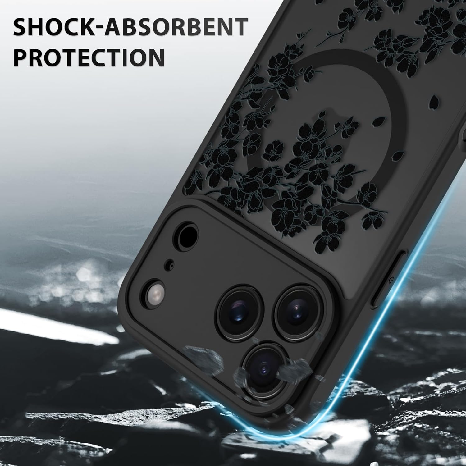 OOK Case for iPhone 17 Pro 6.3 Inch (Compatible with MagSafe) Floral Flowers Design Translucent Phone Cover Soft TPU + Hard PC Anti-Scratch Shockproof Magnetic Cute Case for Women - Black - Image 4