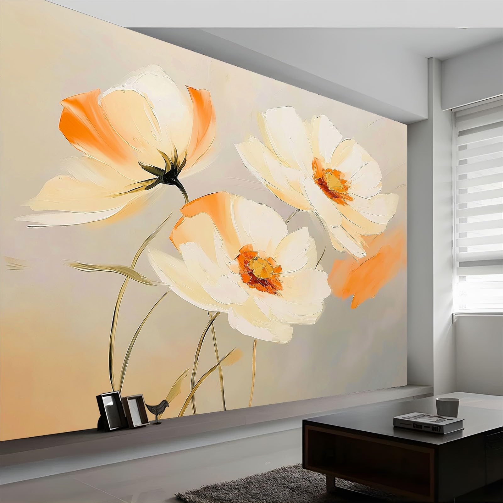 350 x 256 cm tapeta ścienna Impresjonizm kwiaty pomarańczy, beżowa sztuka i dekoracja ścienna do salonu, tapeta panoramiczna z włókniny,