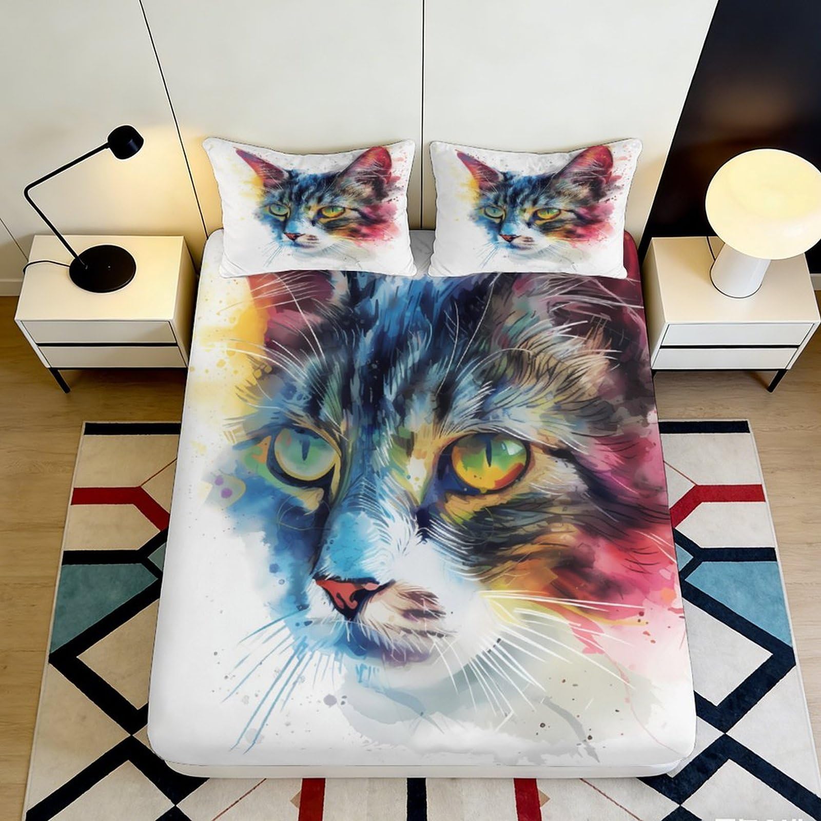 3D Printed Colorful Cat Face Fitted Sheet Microfiber Soft Breathable Artistic Cat Portrait Mattress Cover for Bedroom Dormitory Guest Room Protection 200x200x25cm