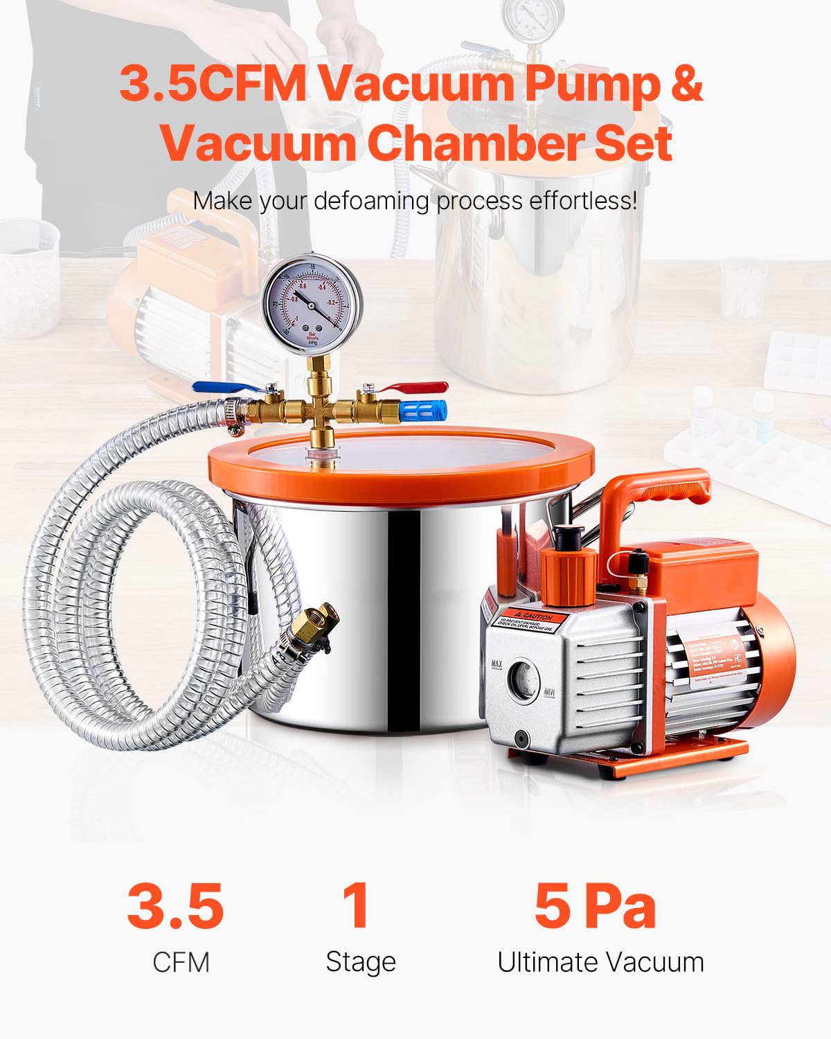 Happybuy 1.5 Gallon Vacuum Chamber and 3.5 CFM Pump Kit, Stainless Steel Chamber, Single Stage Degassing Chamber Kit with Acrylic Lid, Oil, 4.92 ft Hose, for Degassing Resin Silicone Epoxies