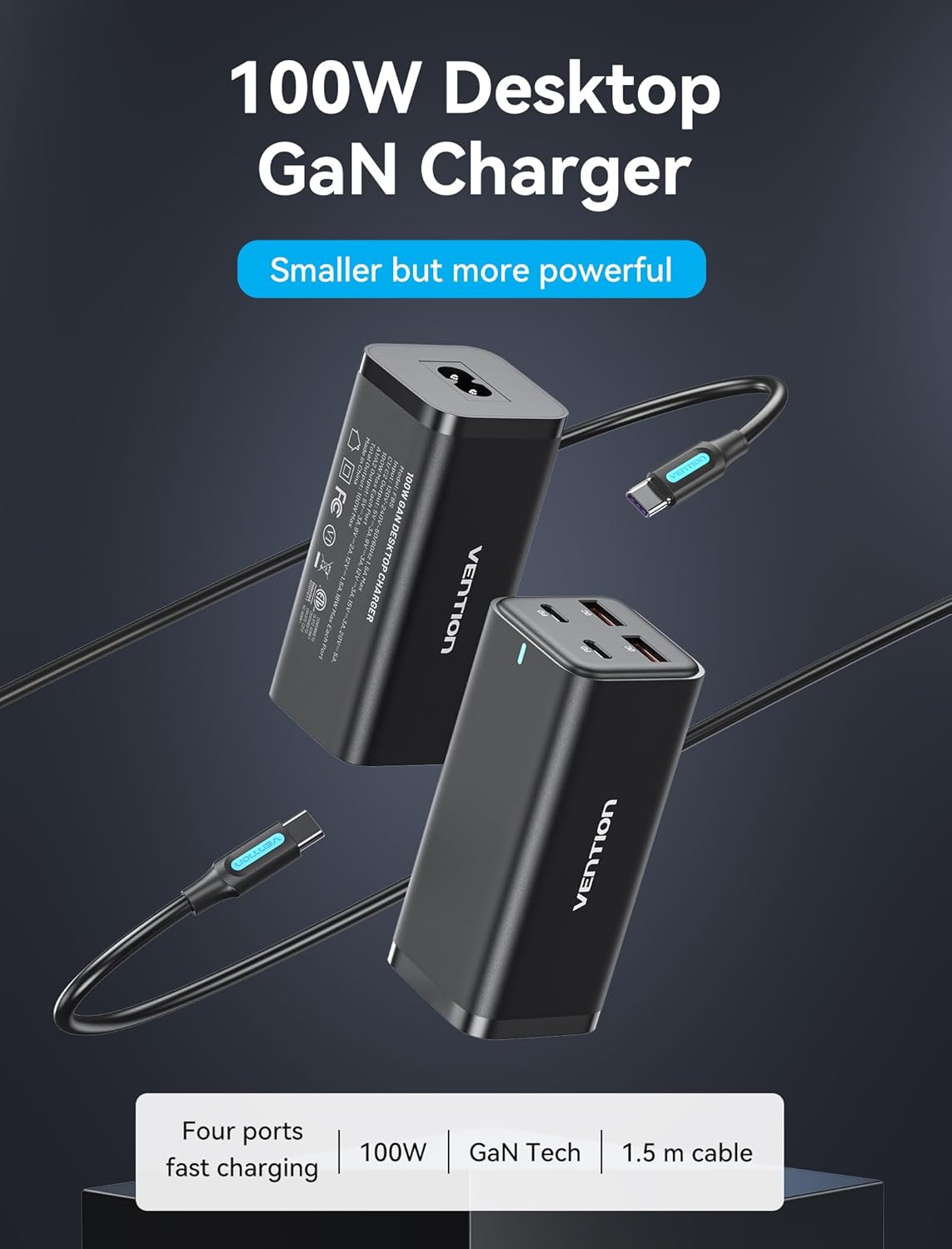 MacBook Pro Charger 100W, VENTION MacBook USB C Charger 4-Ports Foldable GaN+ Charger Power Adapter for MacBook Pro/Air, iPad Pro,iPhone 15/14 Pro, Galaxy S23/S24 Ultra, Steam Deck, Google Pixelbook