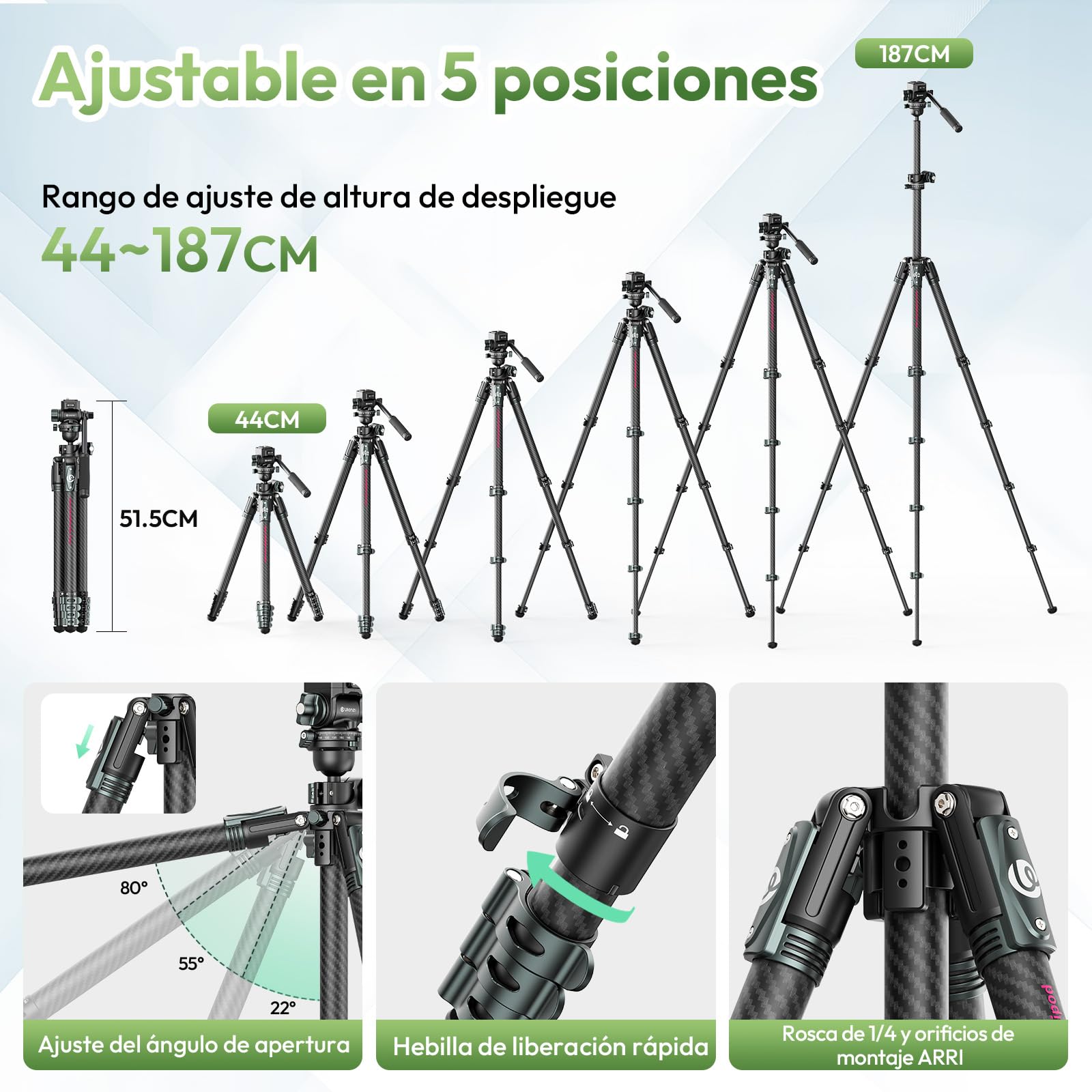 ULANZI JJ06 GlideGo Trípode de Vídeo de Fibra de Carbono, Trípode de Cámara con Doble Cabezal panorámico de 360°, -50°/+60° Tilt Pan, Placa de Liberación Rápida Uka y Mango Destornillador, 18kg MAX