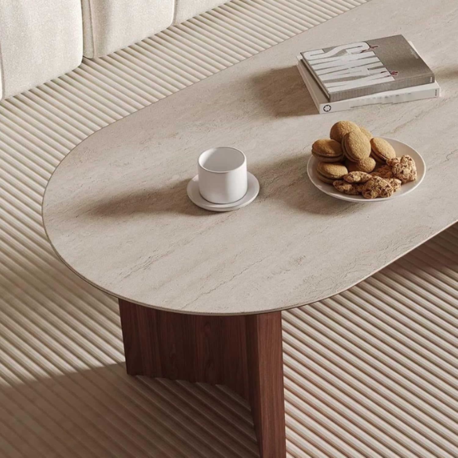 Solid Wood Modern Simple Living Room Home Small Apartment Travertine Rock Slab Oval,Suitable for Bedroom, Room, Entrance, Office(