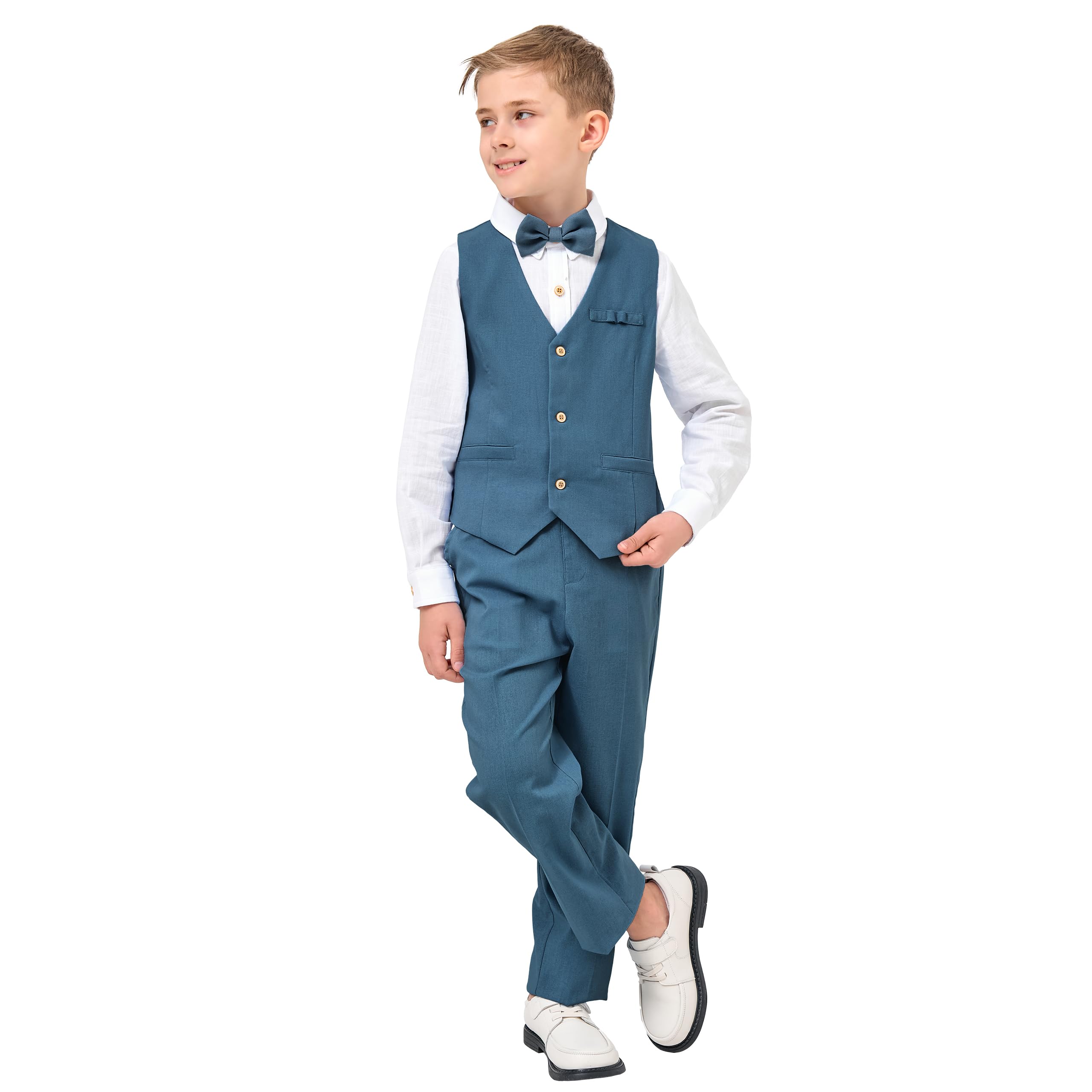 LOLANTA 4PCS Traje de Boda para PAJE Niño, Conjunto de Chaleco y Pantalón Lino para Niños, Ropa de Bautizo Ceremonia Fiesta, Chaleco+Pantalón+Camisa+Pajarita