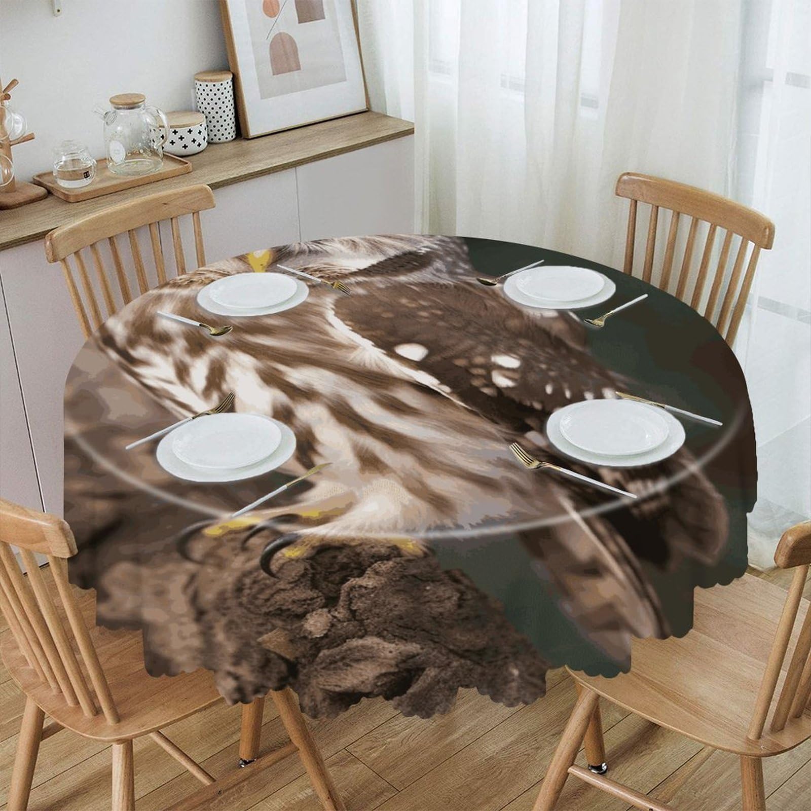 JTREHY Wildlife Animal Owl Round Tablecloth 60 Inch Water Resistant Spill Proof Washable Polyester Table Cloth Wipeable Washable Table Cover for Buffet Tables Holiday Party Dinner