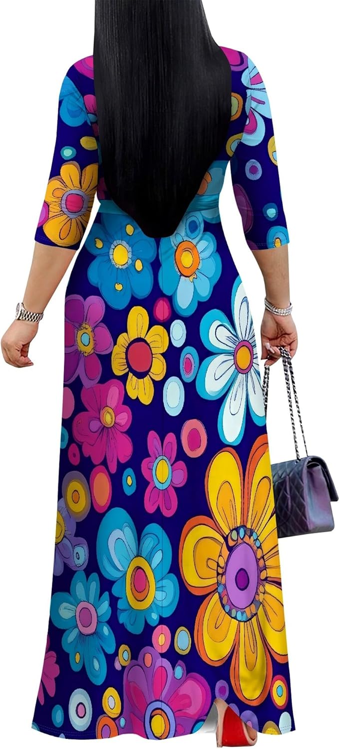 Women's Maxi Dress 3/4 Sleeve Wrap Casual V Neck Floral Print with Belt - Image 4