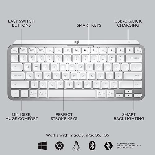Miniatura 5 de Logitech MX Keys - Mini teclado y mouse ergonómico vertical - Inalámbrico, teclas retroiluminadas, Bluetooth o Logi Bolt receptor USB, silencioso,