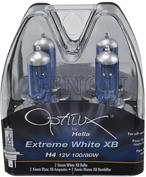Hella H71070201 Optilux XB Series H4 Xenon White Halogen Bulbs, 12V, 100/80W, 2 Pack