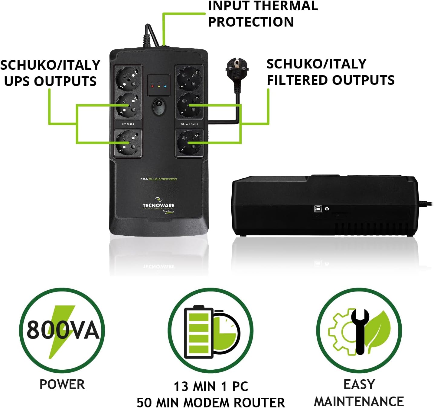 Tecnoware Power Systems - UPS Era Plus Strip 800, Protezione Blackout PC, Modem, Videosorveglianza, Autonomia fino a 13 min comuter e 50min Router/Wifi, Stabilizzatore AVR, 6 Prese Schuko, 800VA 800VA PC/MODEM/VIDEOSORVEGLIANZA - Immagine 2