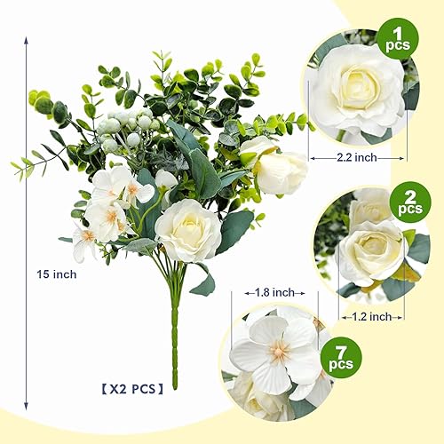 Miniatura 6 de Ramo de flores artificiales de 2 piezas con rosas de seda, bayas de eucalipto de plástico, arreglos florales falsos para el hogar, interiores, mesa
