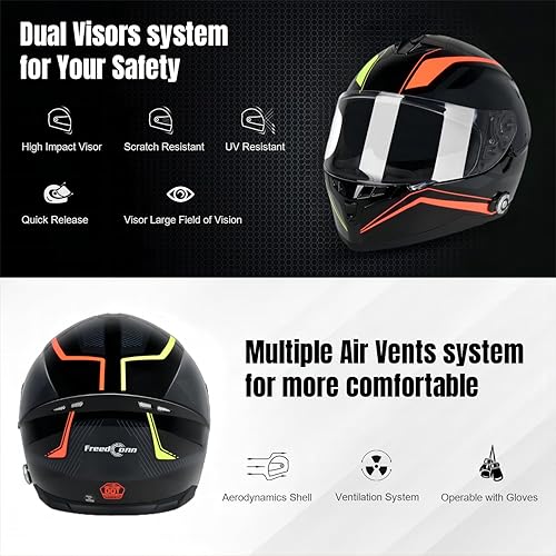 Miniatura 5 de Casco de motocicleta Bluetooth FreedConn BM12 DOT con Bluetooth, cara completa, casco con visor doble integrado con sistema de intercomunicador par