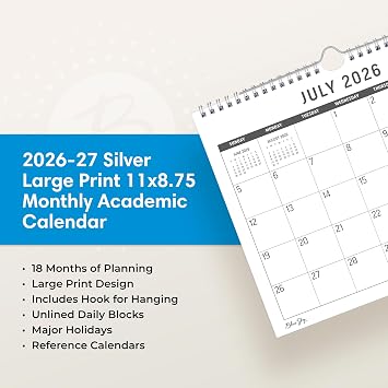 Blue Sky 2026-2027 18 Month Large Print Monthly Academic Year Wall Calendar, July 2026 - December 2027, 11 x 8.75, Durable Twin Wire Binding, Perfect For Home, Office And Classroom, Silver
