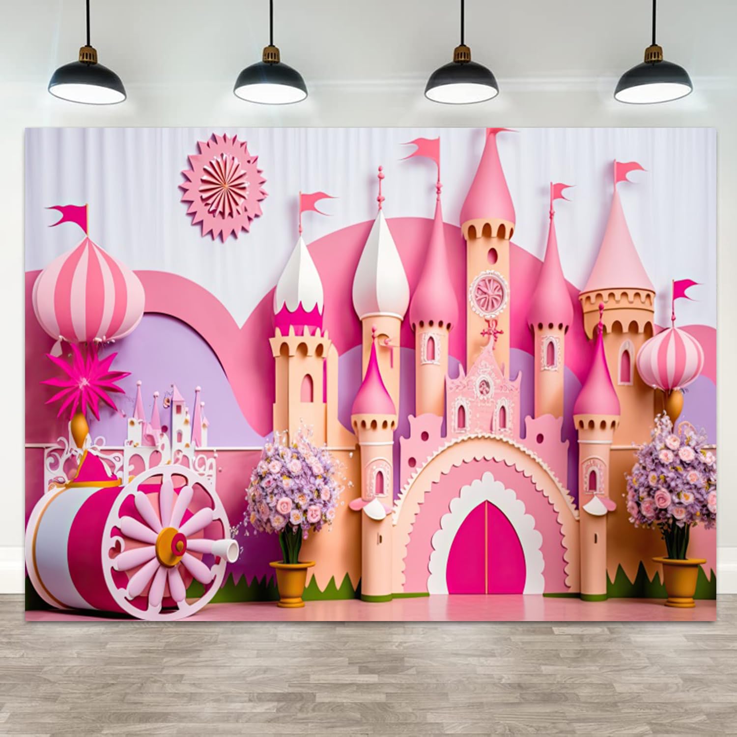 ASDCXZ 7x5ft Princess Castle Backdrop Pink Purple Floral Girl Birthday Photography Background Kids Birthdays Newborn Baby Shower Banner Decorations