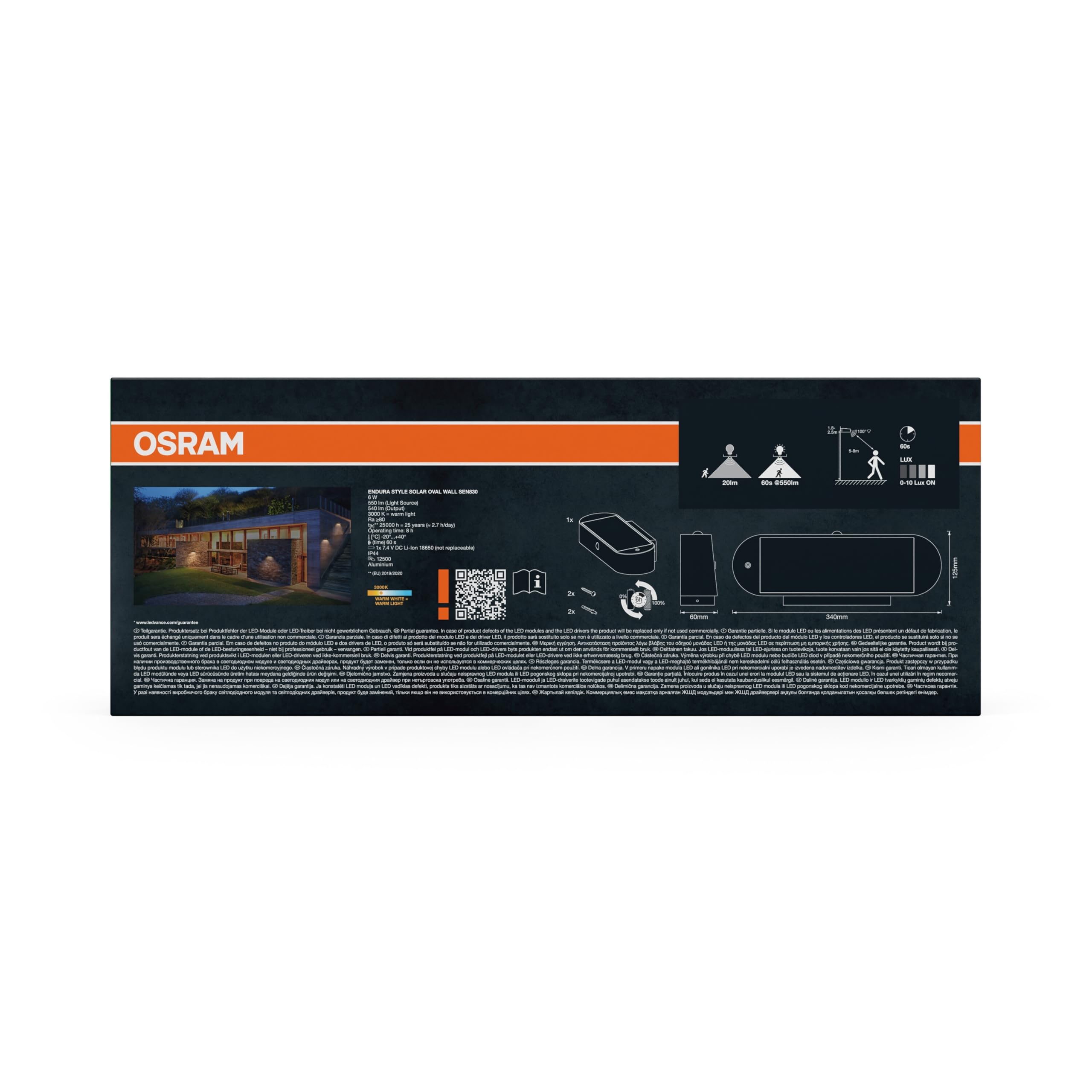 OSRAM ENDURA Style Owalny kinkiet solarny, ciepłobiałe światło (3000K), zintegrowany czujnik, możliwość pracy bez zasilania, długa trwałość baterii: 30 razy 60 sekund w trybie PIR, stopień ochrony