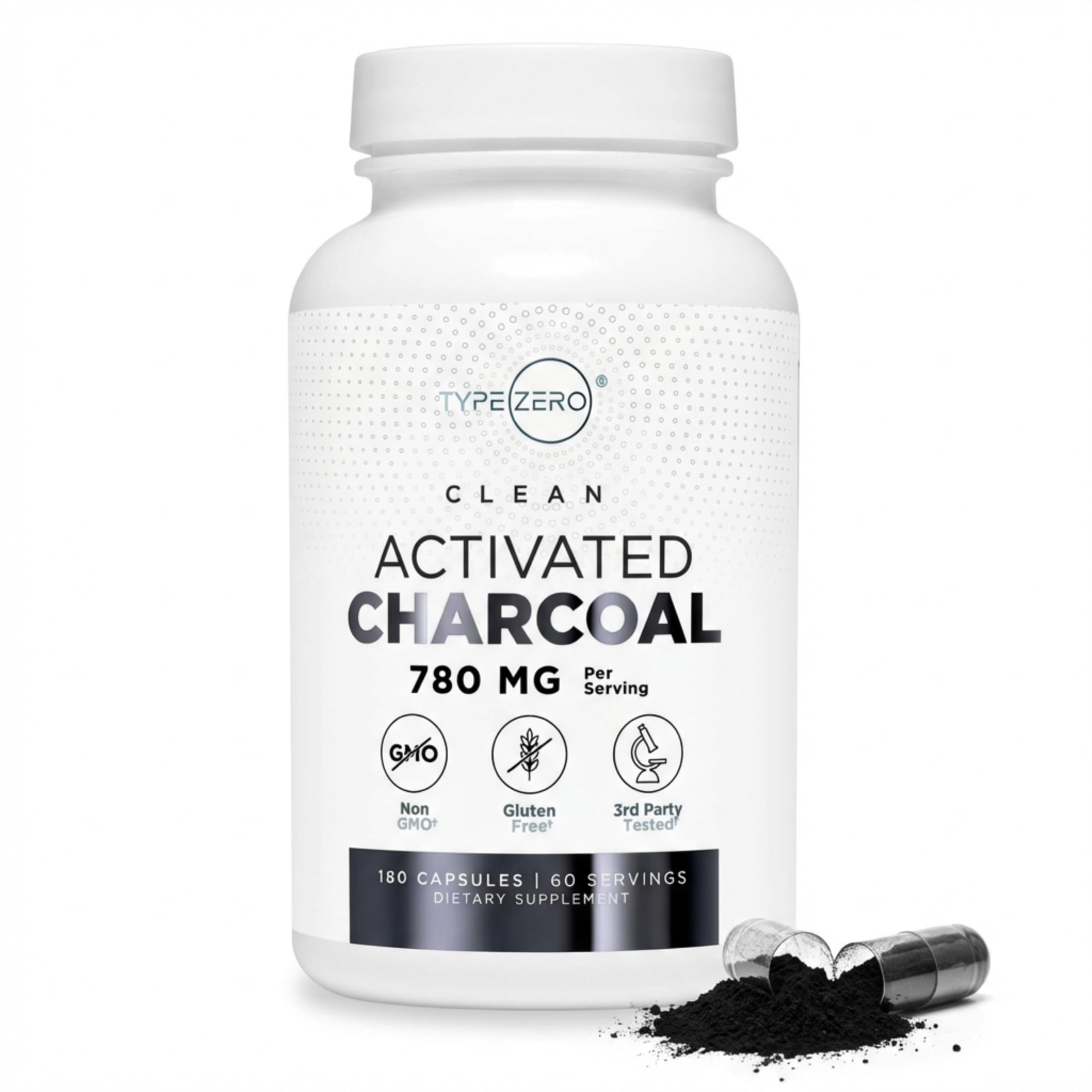 Type Zero Activated Charcoal Capsules (180 Count) - 60 Servings, 780mg Per Serving, from Coconut Shell, Non-GMO, Gluten-Free