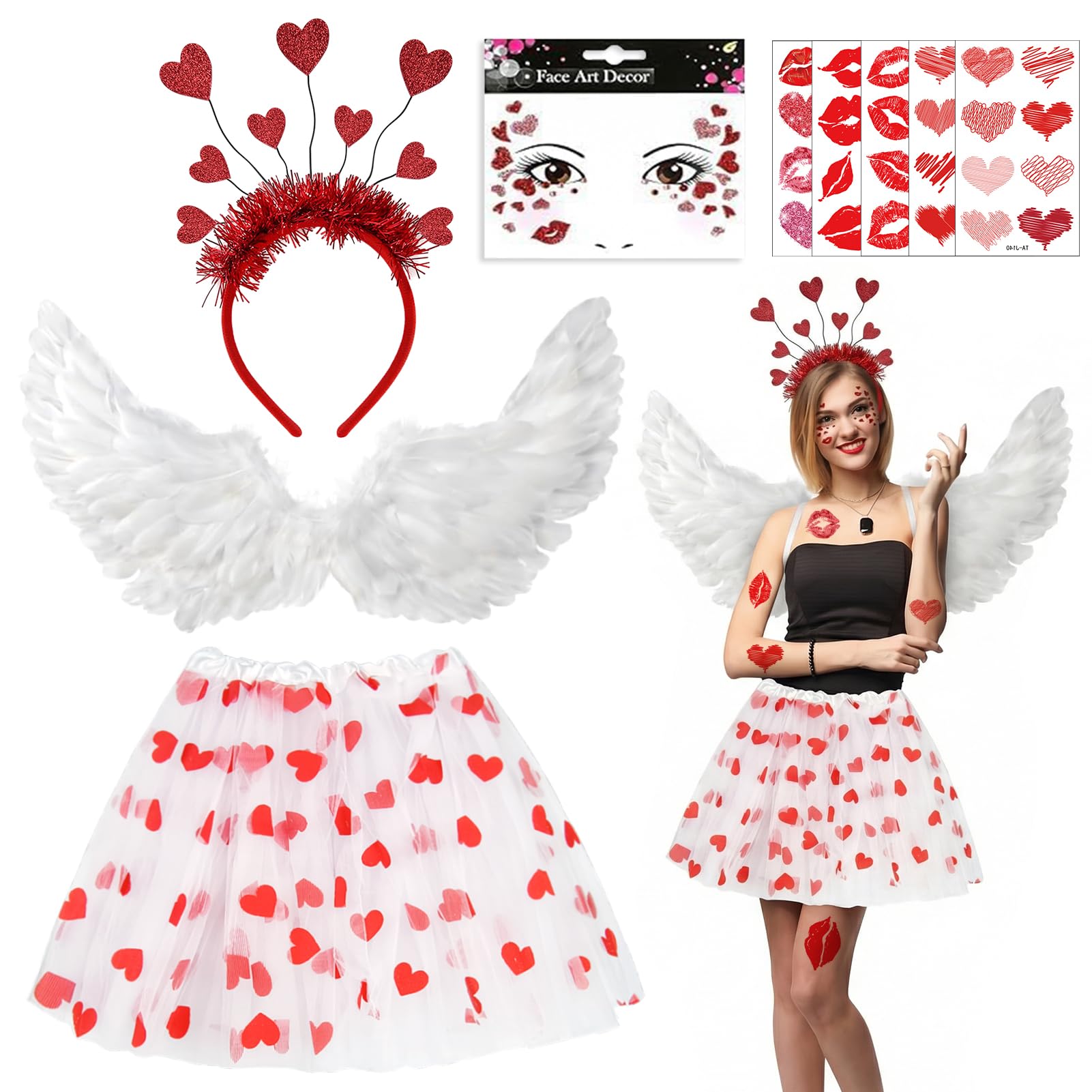 Amorkostuum, carnavalskostuums, Amor set, carnaval dames tule rok, Valentijnsdag hart hoofdband pailletten, gezichtsstickers, Valentijnsdag hartkostuum voor carnaval themafeest cosplay