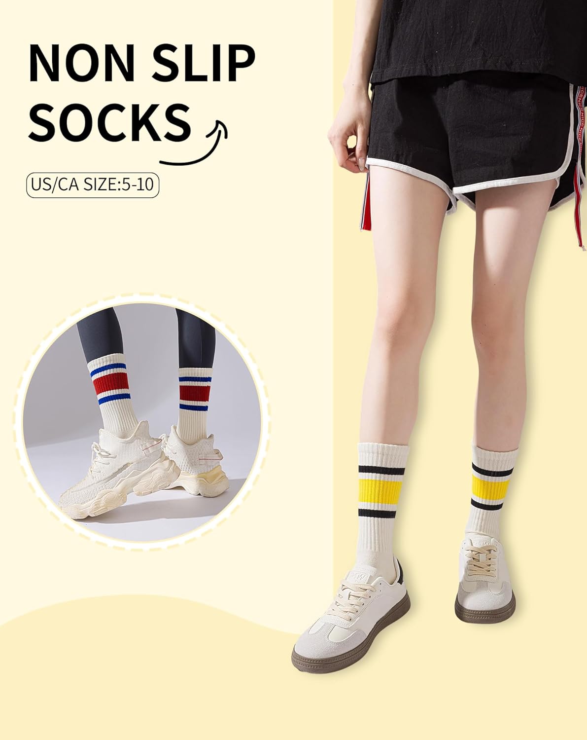 Yawlsow 3 Pairs Pilates Grip Socks for Women Yoga Grippy Striped Retro Crew Socks Non Slip Sticky Barre Sock with Grippers - Image 6