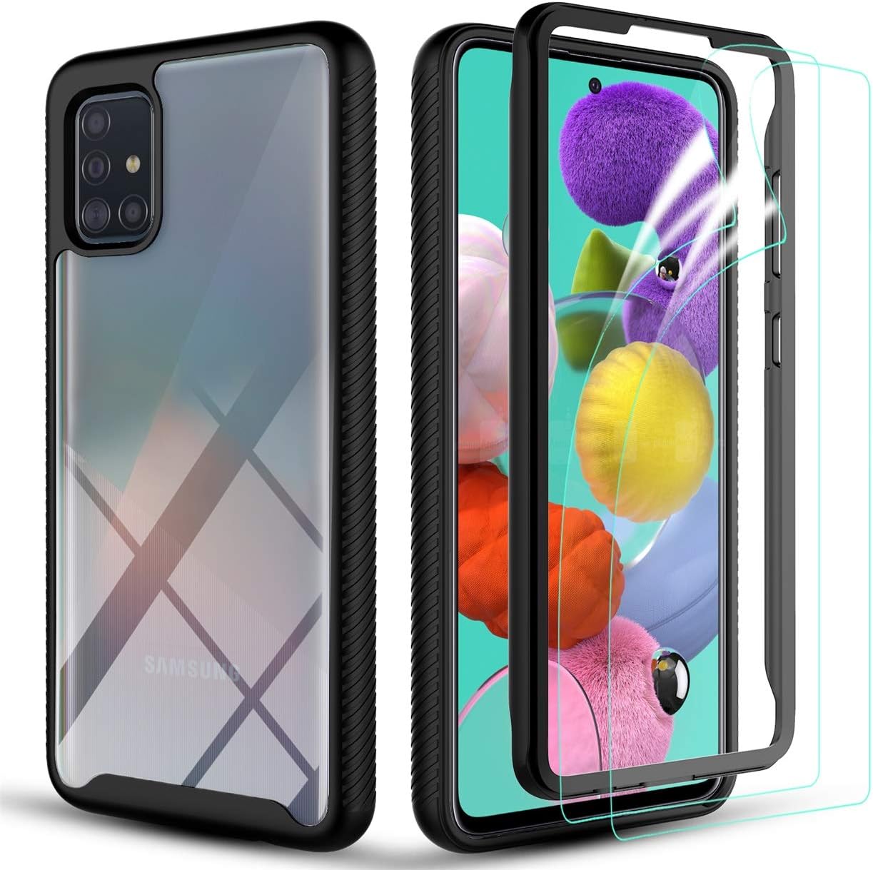 HOKOO Samsung Galaxy A51 Case,Samsung A51 4G Case with Soft HD Screen Protector [2 Pack], Heavy Duty Full-Body Rugged Hybrid Bumper Shockproof Clear Protective Phone Cases Cover for A51-Black