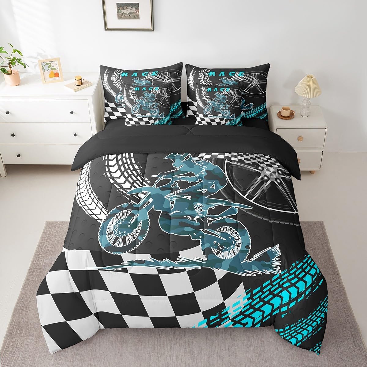 Erosebridal Racing Motorcycle Bedding Sets Dirt Bike Motocross Rider Bed in a Bag Queen Comforter Set 7 Piece for Boys Girls,Extreme Sports Moto Sheet Set with Comforter Motorbike Vehicles Bed Set