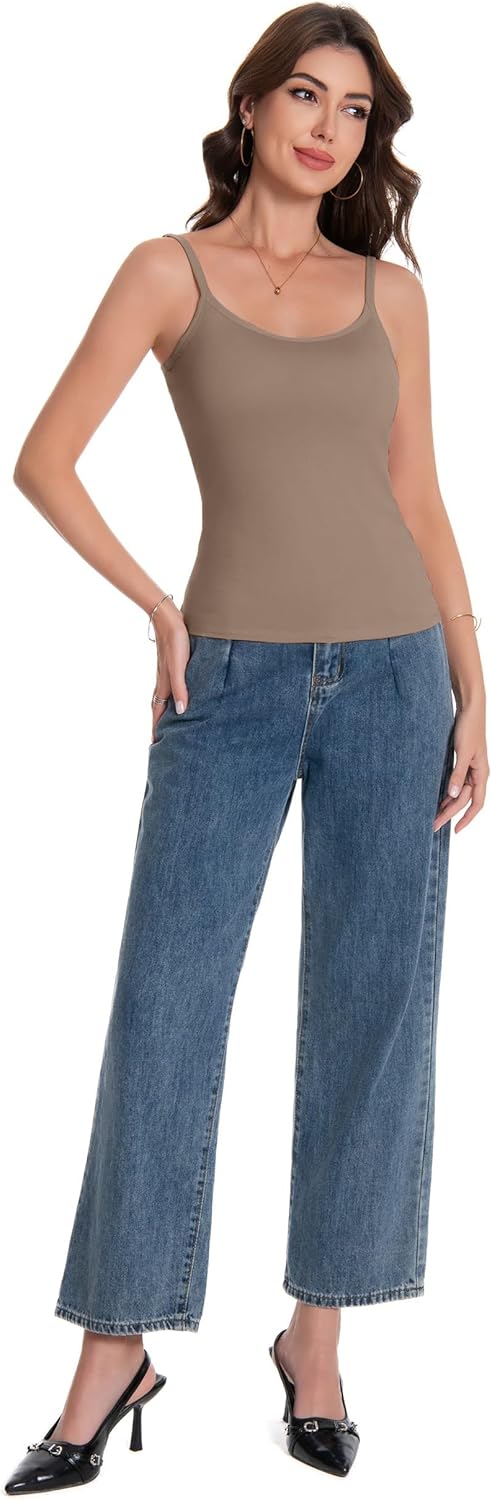 Women Camisole Tank Top - Built-in Bra Adjustable Spaghetti Strap Scoop Neck Padded Casual Basic Cami Shirt - Image 4