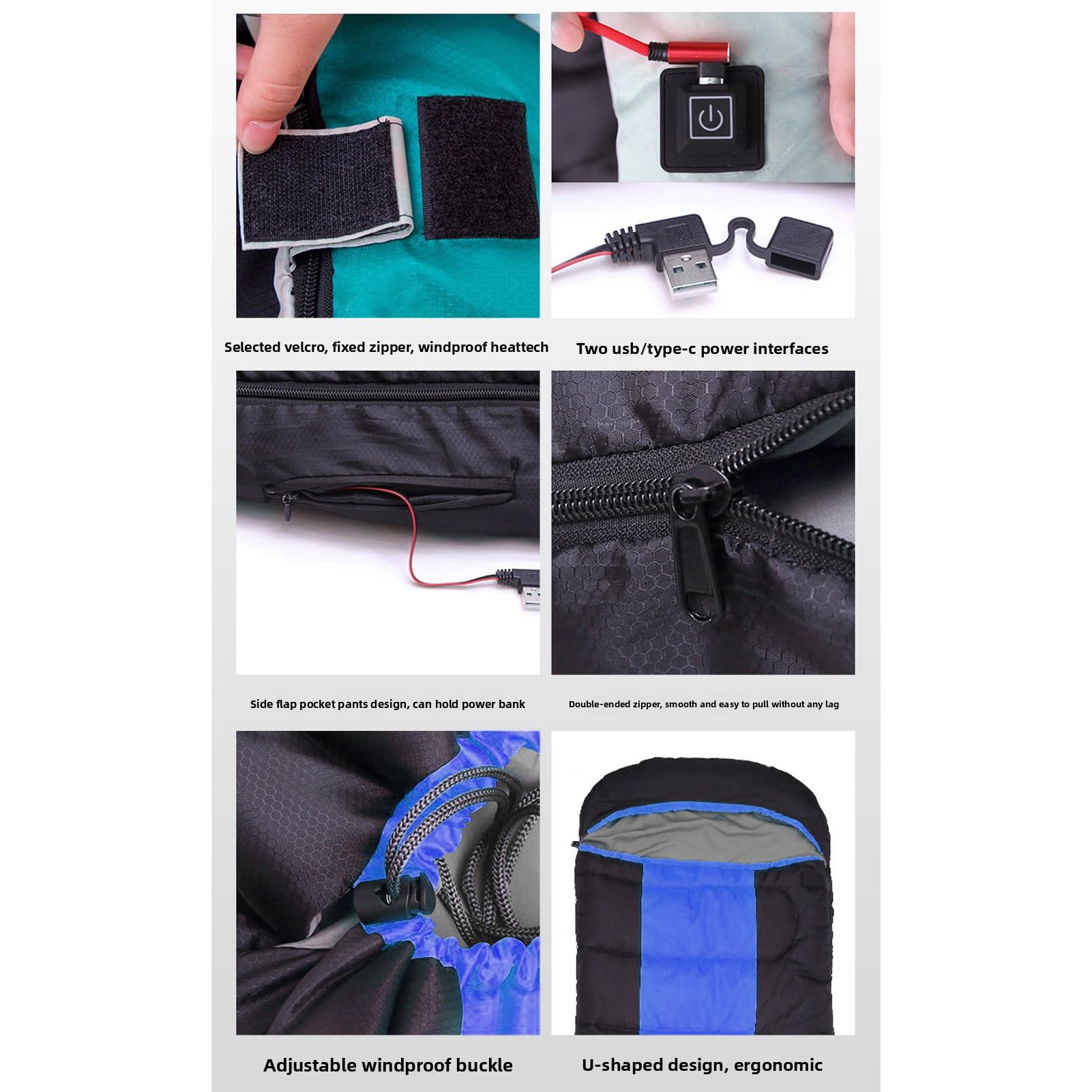 Fabater Lekko Podgrzewany śpiwór z ochroną Przegrzania Plecaków i śpiworów z Ogrzewaniem Obozu USB na Przygody na świeżym powietrzu. (BLUE)