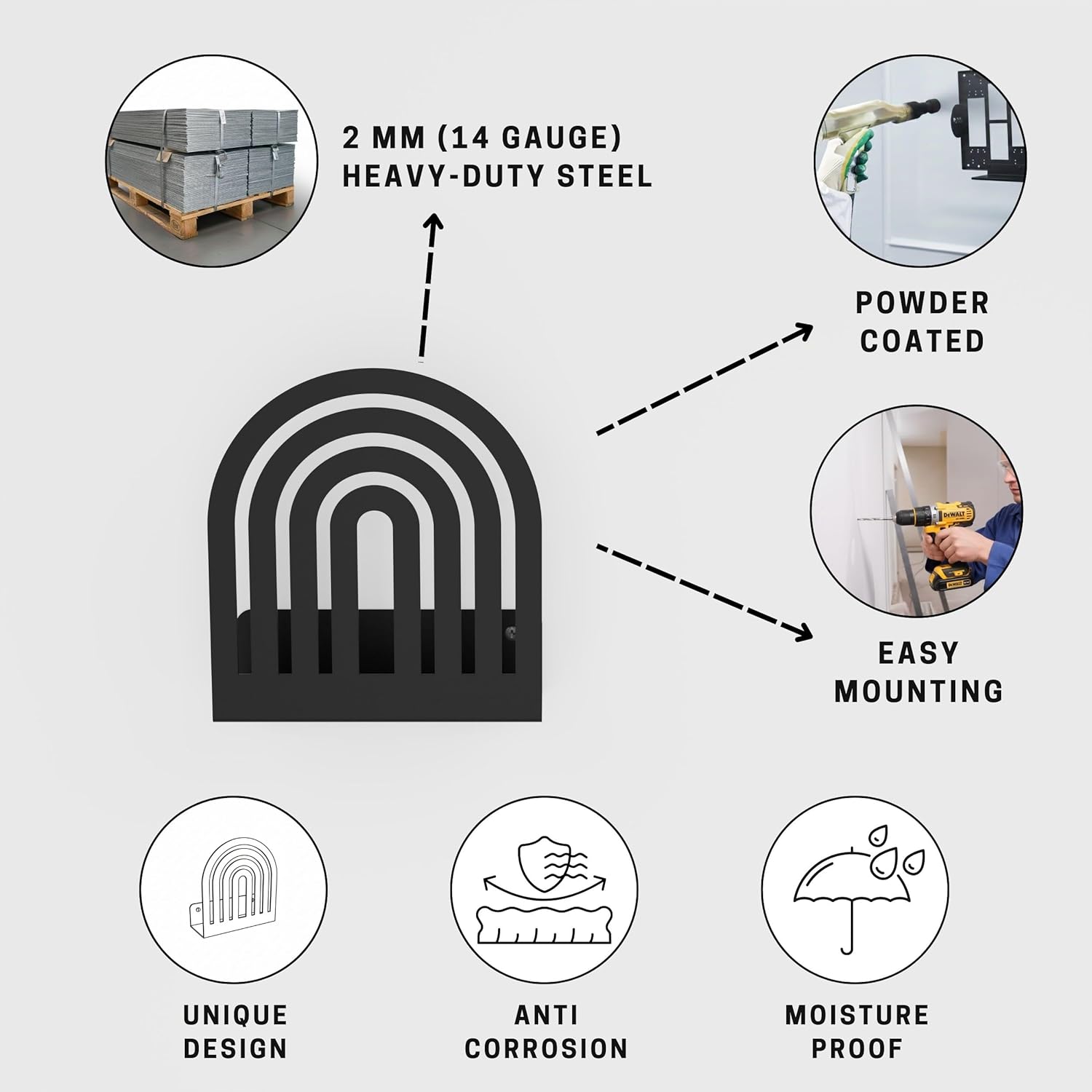 Rainbow Design, Matte Black Wall Mounted Metal Magazine & Newspaper Rack Shelf – Heavy Duty Industrial Type Steel, Powder Coated, Book Storage