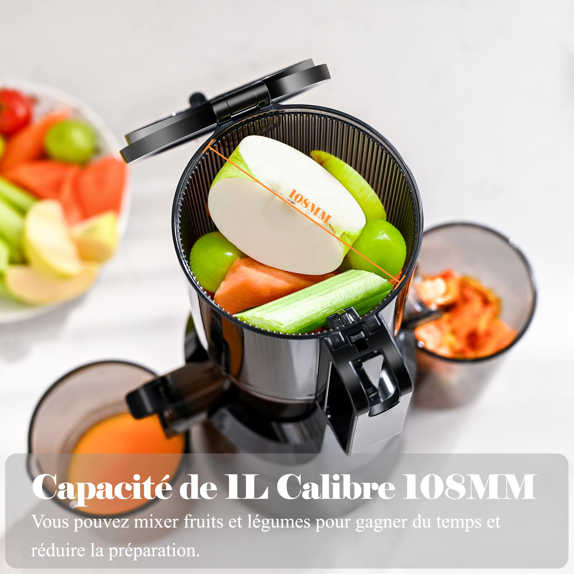 Juice Extractor, Fretta Juice Extractor for Whole Fruits and Vegetables, Large Opening 108 mm Slow Juicer, 1L Capacity, Cold Pressure, Easy to Clean, BPA-Free, 200 W (Matte Black) - 2