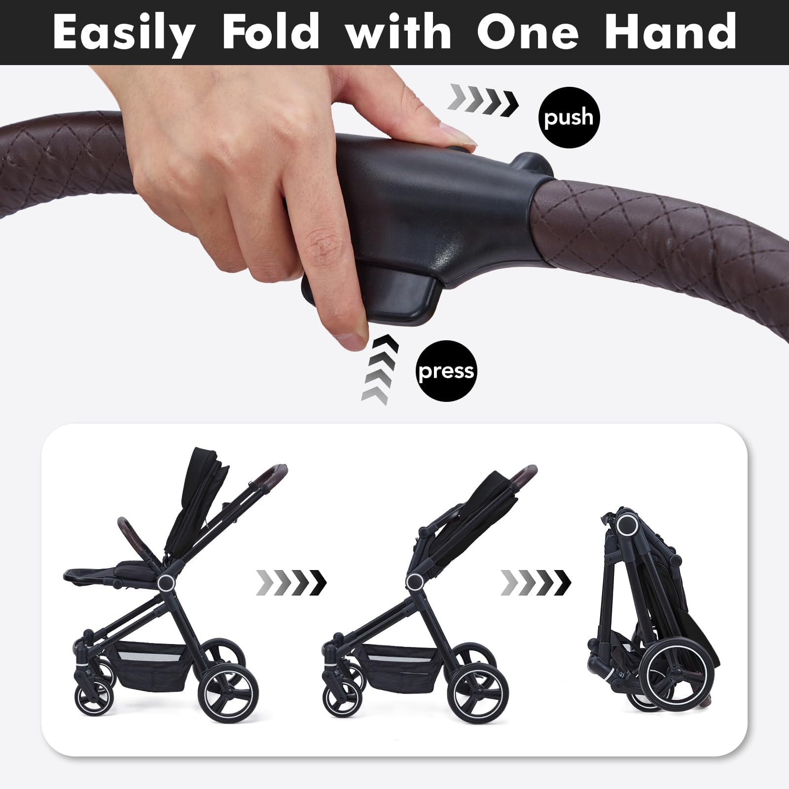 Poussette Bébé Multifonction Pliante, Capote Solaire XXL, Grand Panier, Dossier Inclinable, Roues Tout-Terrain, Pour Enfant Jusqu'à 22 kg, Idéale Voyage & Quotidien (Noir)