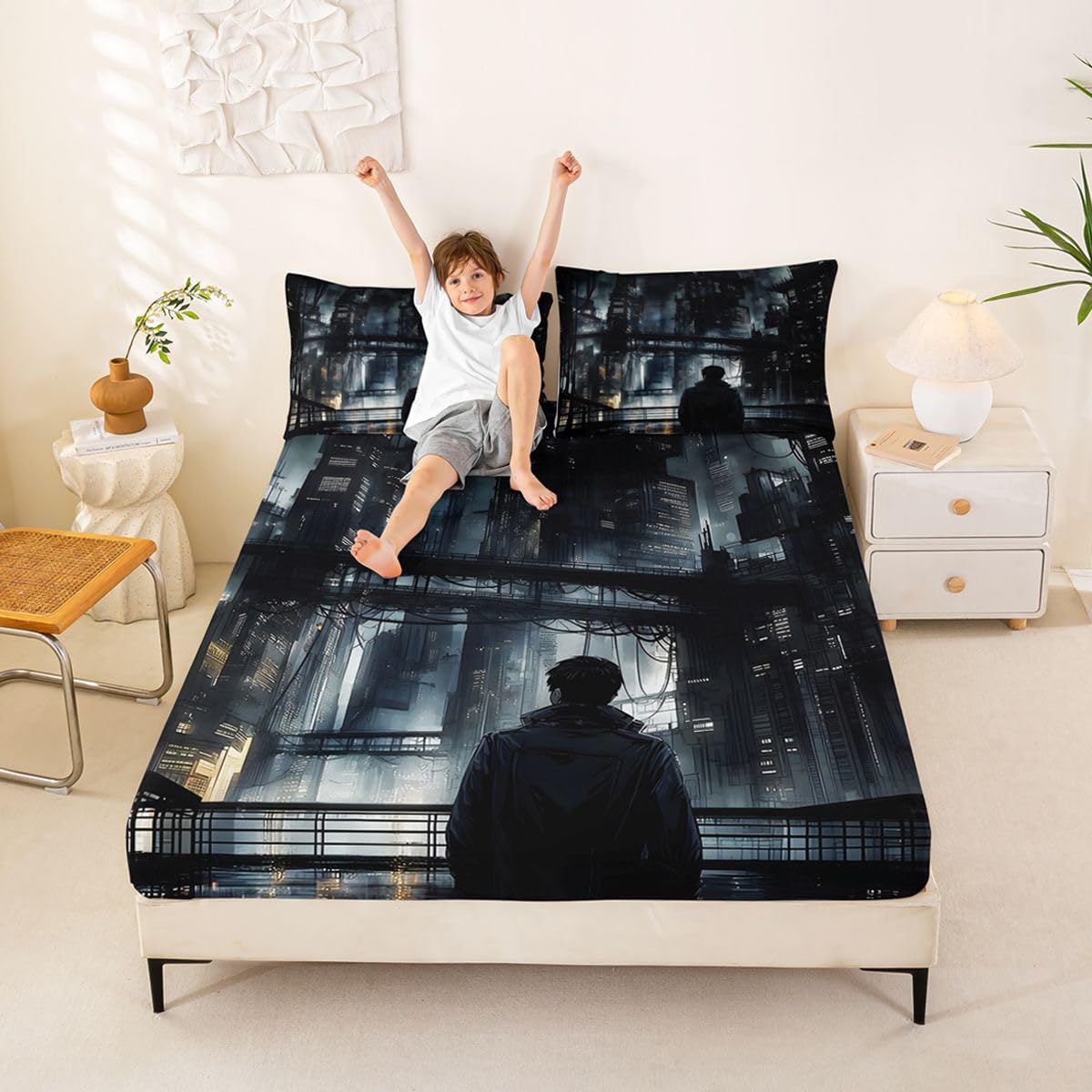 Homemissing Sábana bajera ajustable de anime futurista para niños y niñas, diseño de escena de la ciudad de anime oscuro, sábana bajera de 16 pulgadas de profundidad, tamaño King, decoración de