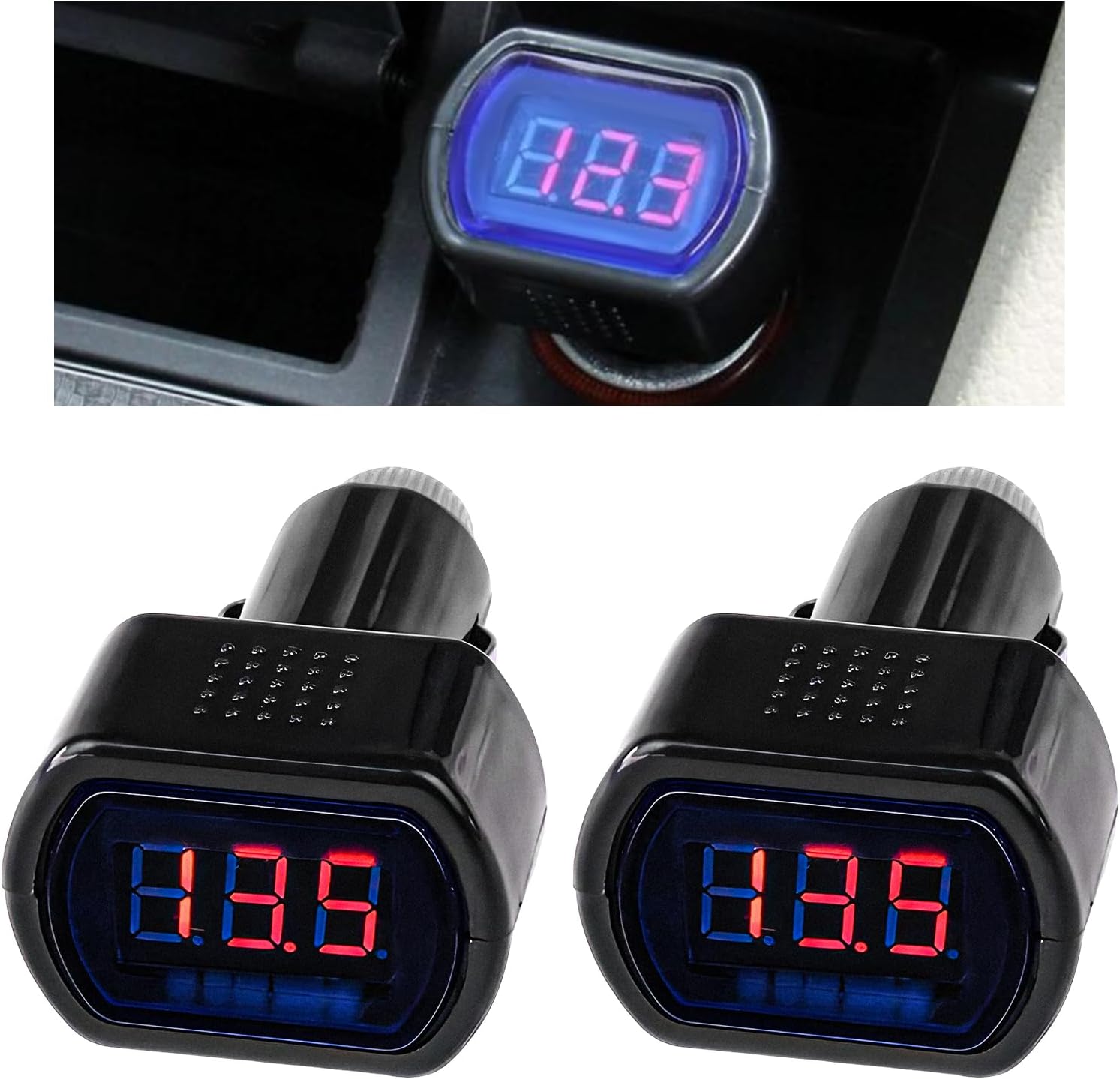 2 PCS Car LED Cigarette Lighter Voltmeter, DC 12V 24V LED Digital Cigarette Lighter Electric Voltage Meter, Universal Battery Volt Gauge Monitor for Car Motorcycle Truck