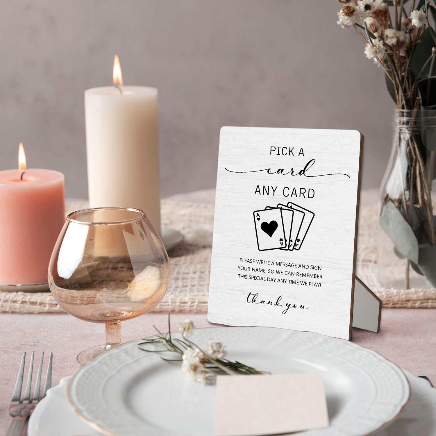 Tabliczka z napisem "Pick a Card", księga gości weselnych, drewniany stojak 13 x 18 cm, dekoracja stołu na ceremonię i przyjęcie (biały 01, 13 x 18 cm)
