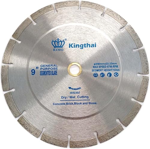 Kingthai Hoja de sierra de diamante de hormigón de corte segmentado húmedo y seco de 9 pulgadas para mampostería con eje de 78-58 pulgadas