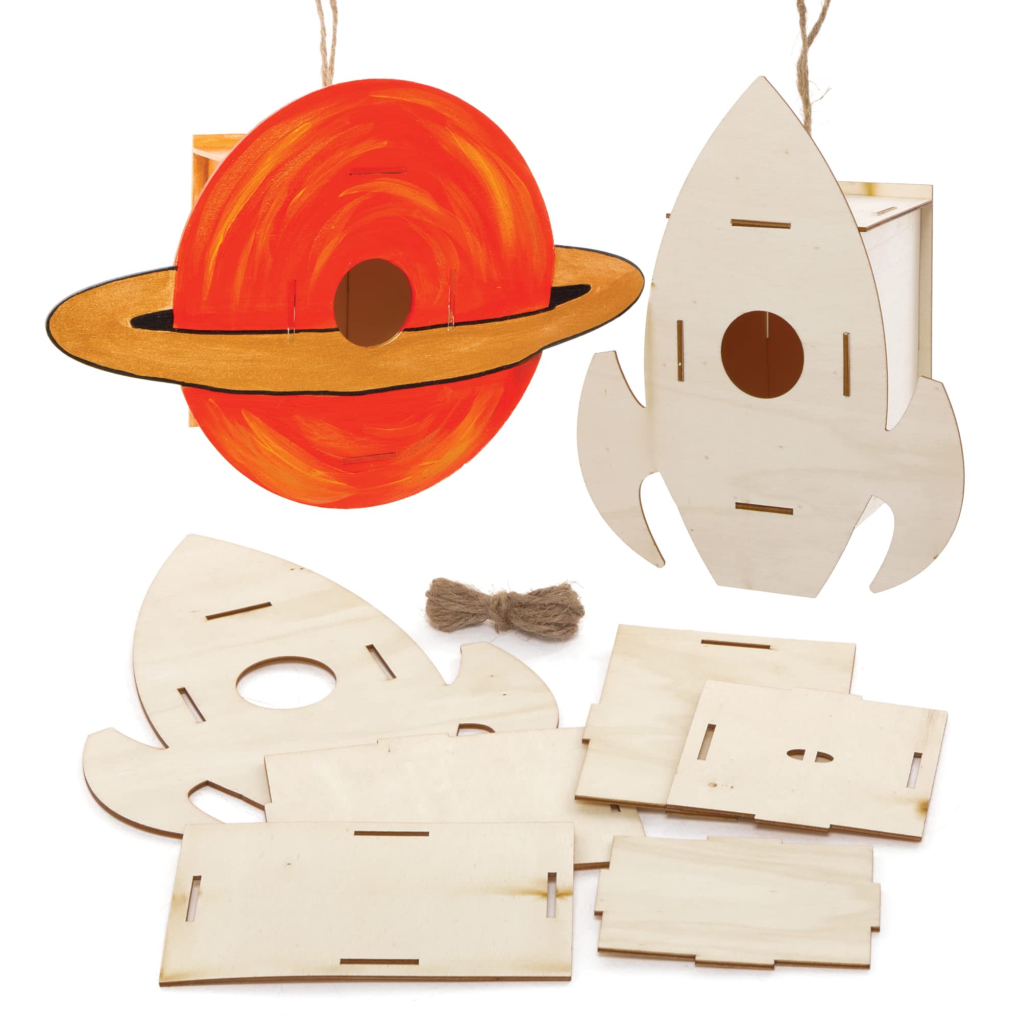 Baker Ross Solar System Wooden Birdhouse Kits - Pack of 2, Wood Crafts to Decorate and Display, Garden Crafts for Kids