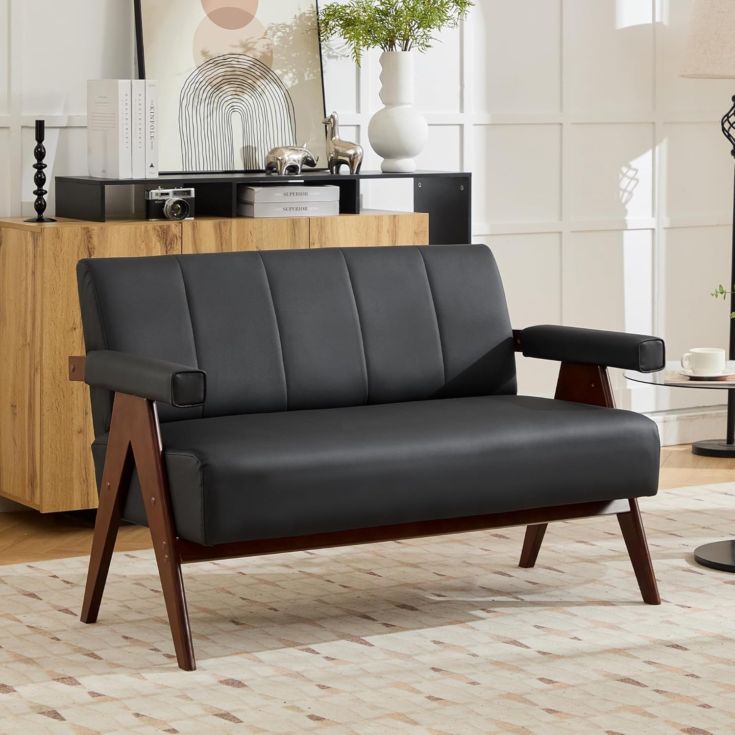 AODAILIHB 50" Mid Century Modern Loveseat, Solid Wood Frame Black Leather Couch, Small Loveseat Sofa for Living Room, Office, or Waiting Room