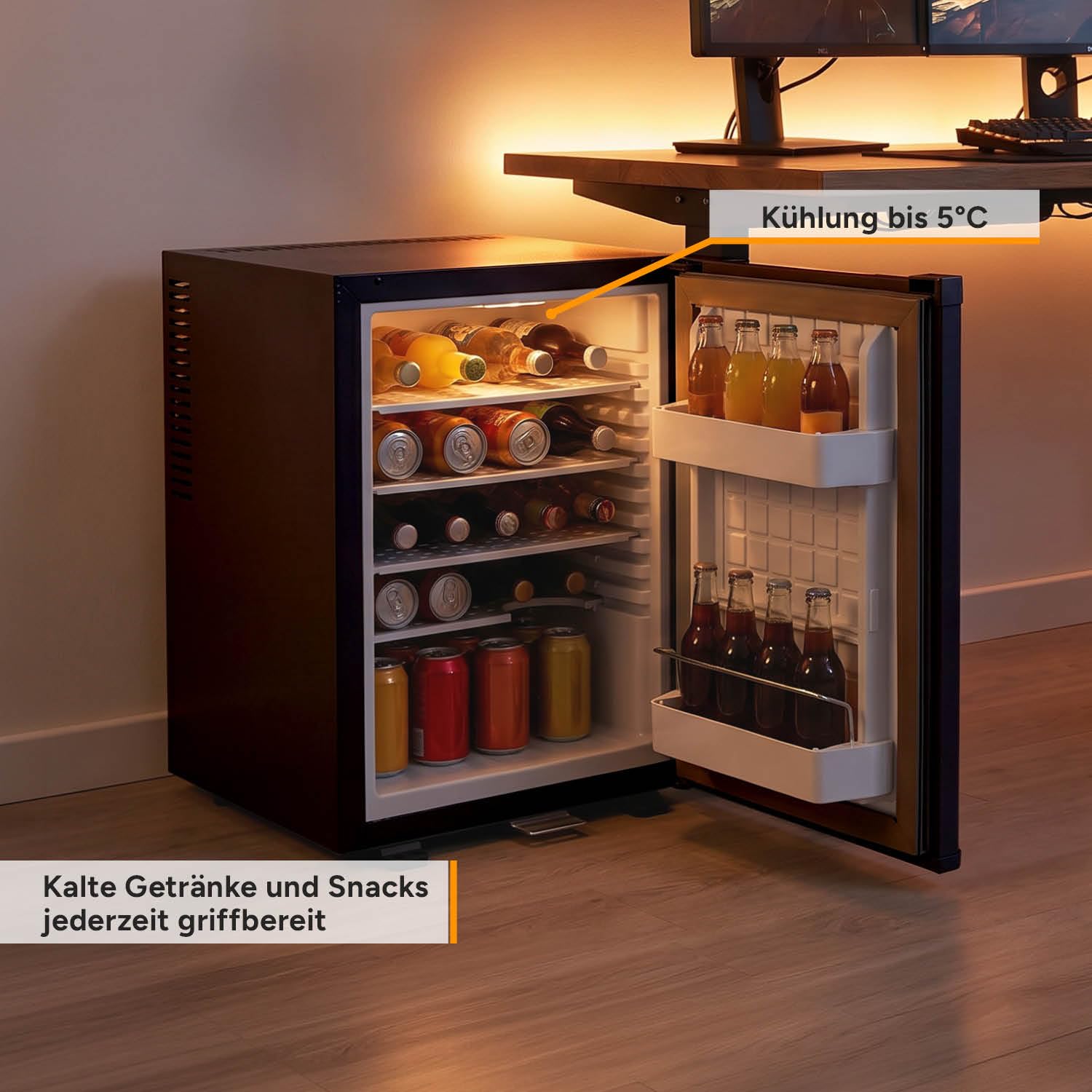 TZS First Austria Mini Kühlschrank 40L lautlos abschließbar Minibar Camping Büro Schlafzimmer Hotel Mattschwarz