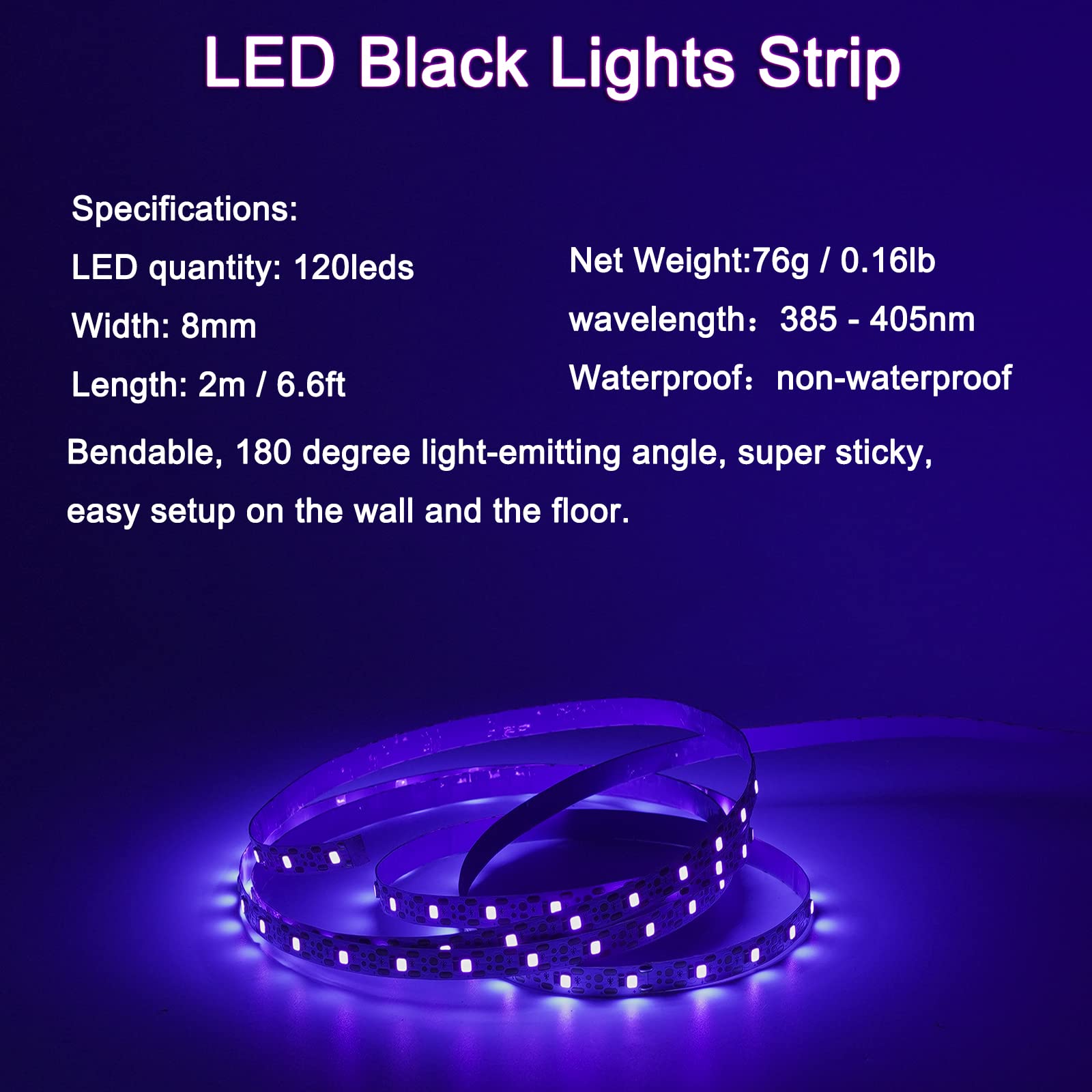 U4GLORY LED Black Light Strip, 6.6ft, 120 Lamp Beads, 5V Flexible Blacklight Fixtures, 2M Black Light Strip, Non-Waterproof for Indoor Decoration, Glow Party, Birthday, Wedding, Body Paint, Halloween