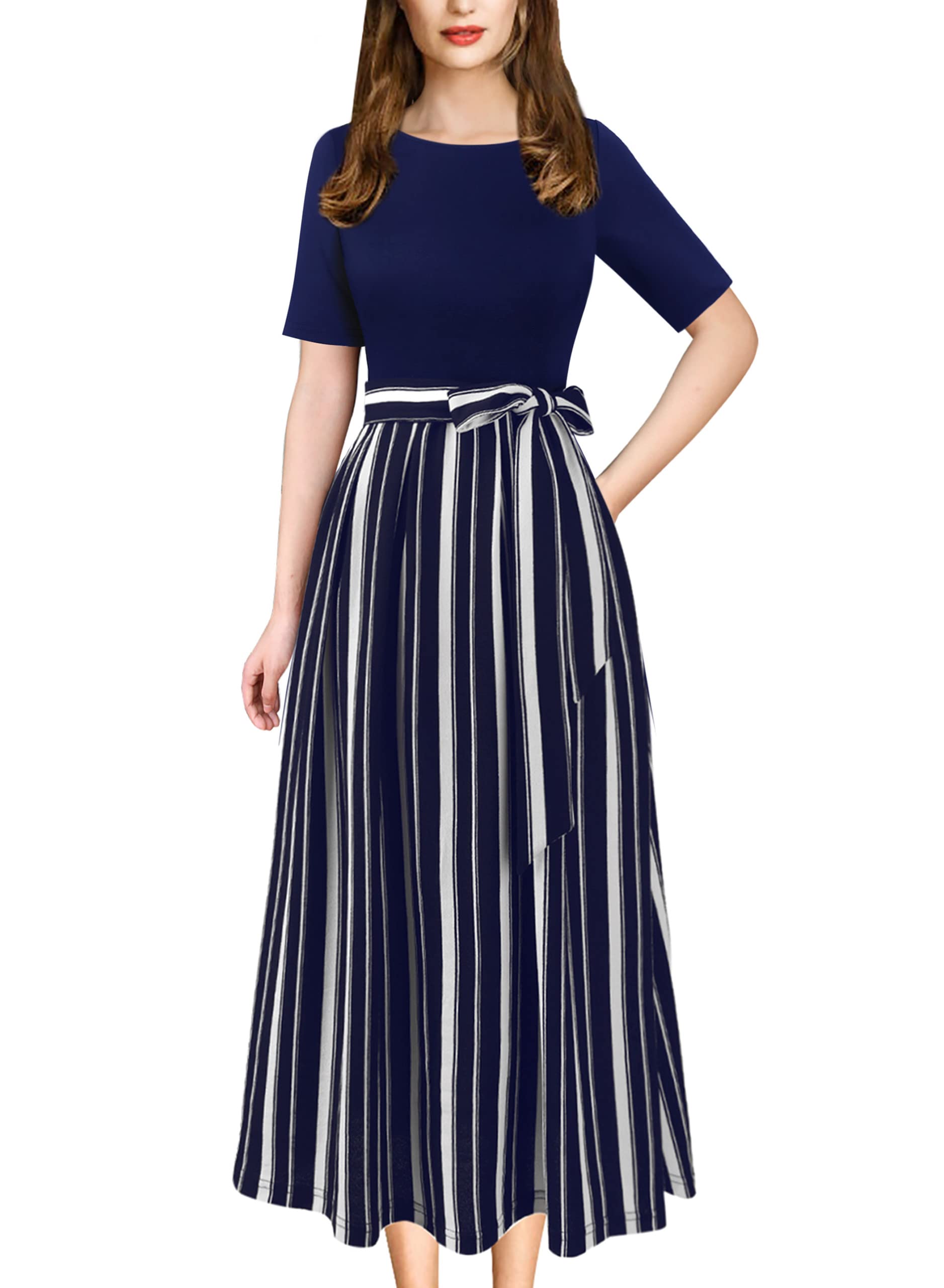 VFSHOW Womens Work Business Casual Church Pockets Belted A-Line Midi Dress